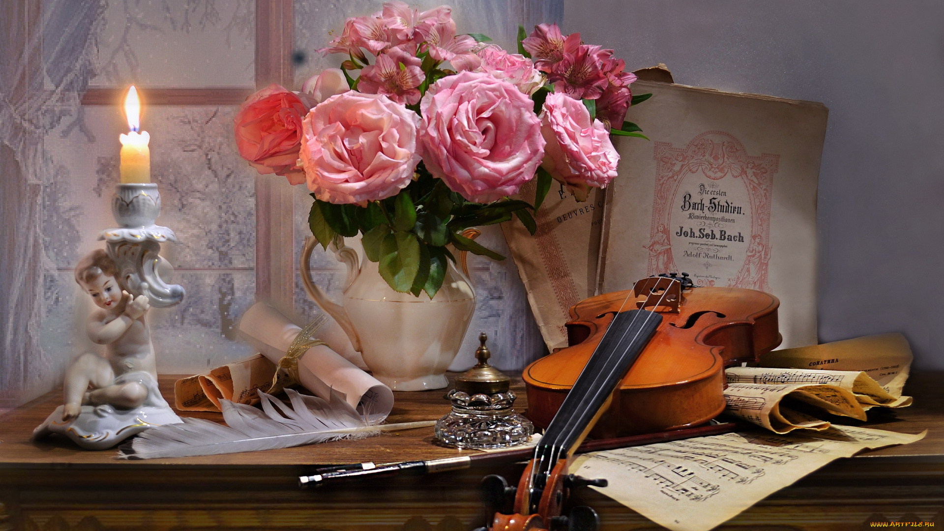 музыка, -музыкальные, инструменты, свеча, ноты, скрипка, розы, букет