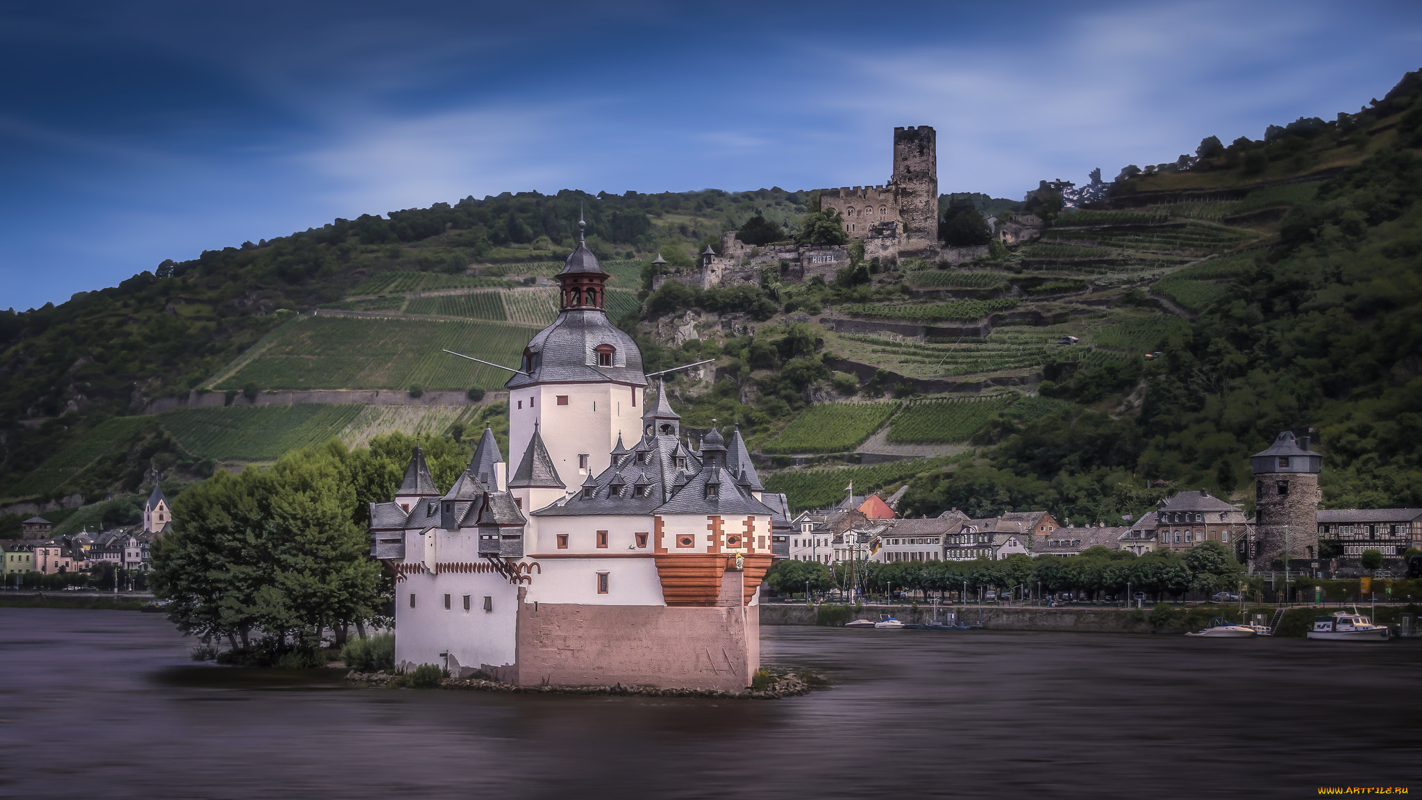 castle, pfalzgrafenstein, with, castle, gutenfels, in, the, background, at, the, town, of, kaub, in, germany, города, замки, германии, река, островок, замок