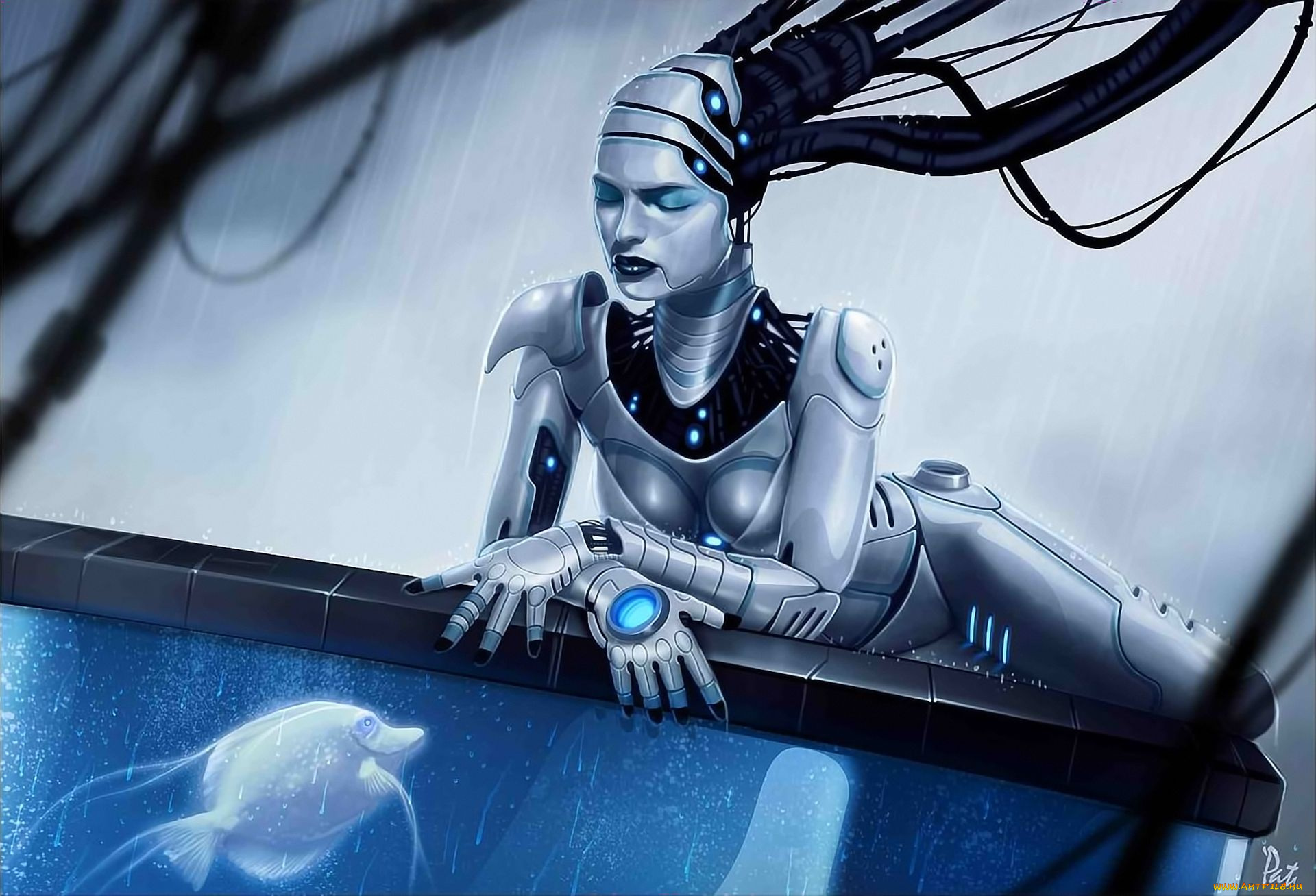 фэнтези, роботы, киборги, механизмы, рыбка, аквариум, андроид