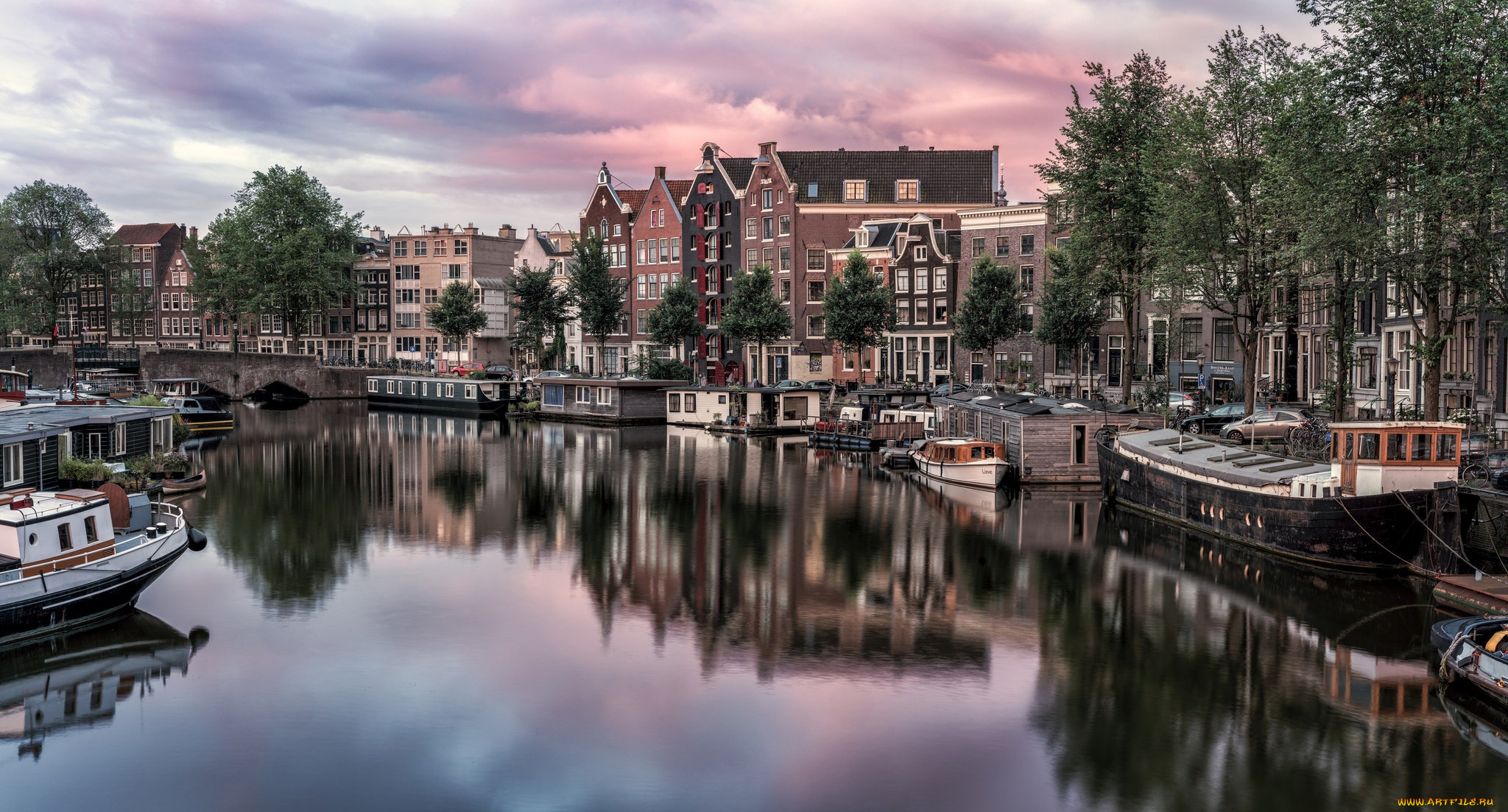 города, амстердам, , нидерланды, баржи, канал, отражение