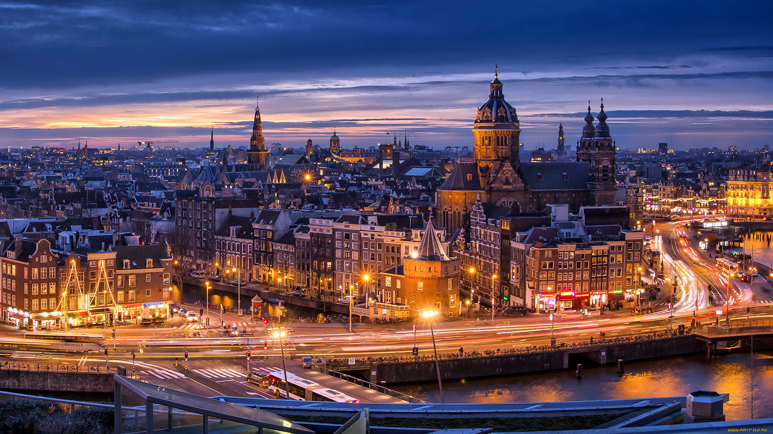 города, амстердам, , нидерланды, огни, вечер, панорама