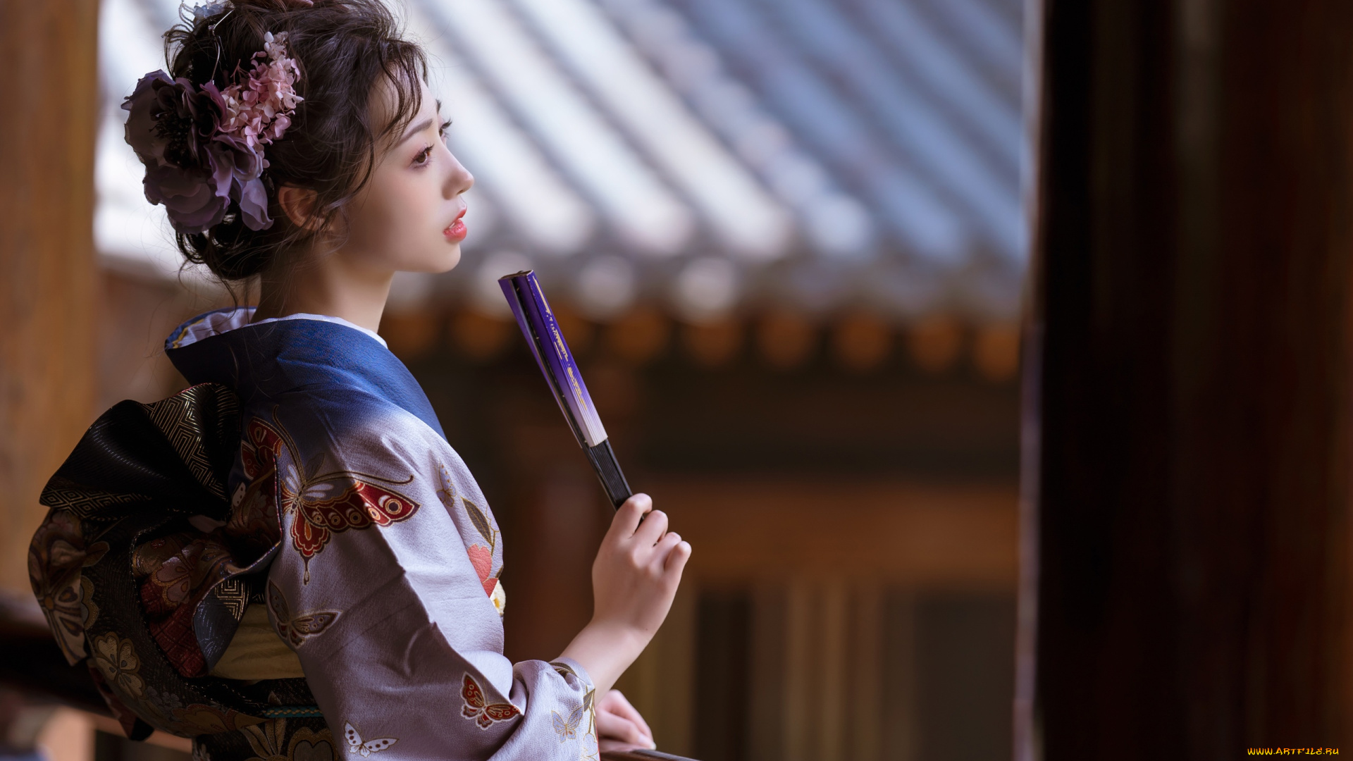 девушки, -, азиатки, кимоно, веер, балкон