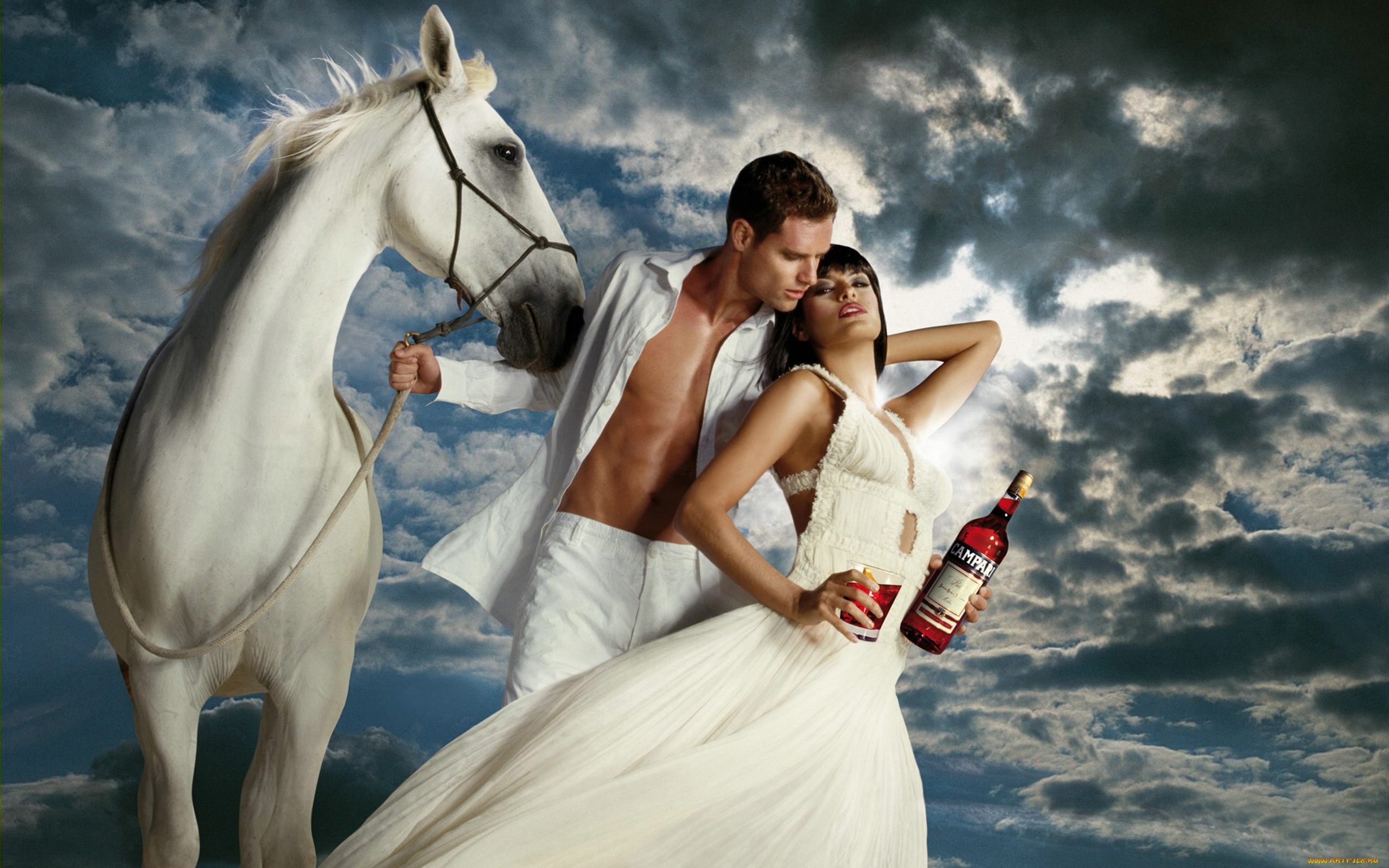 разное, мужчина, женщина, пара, лошадь, облака, бутылка, бокал