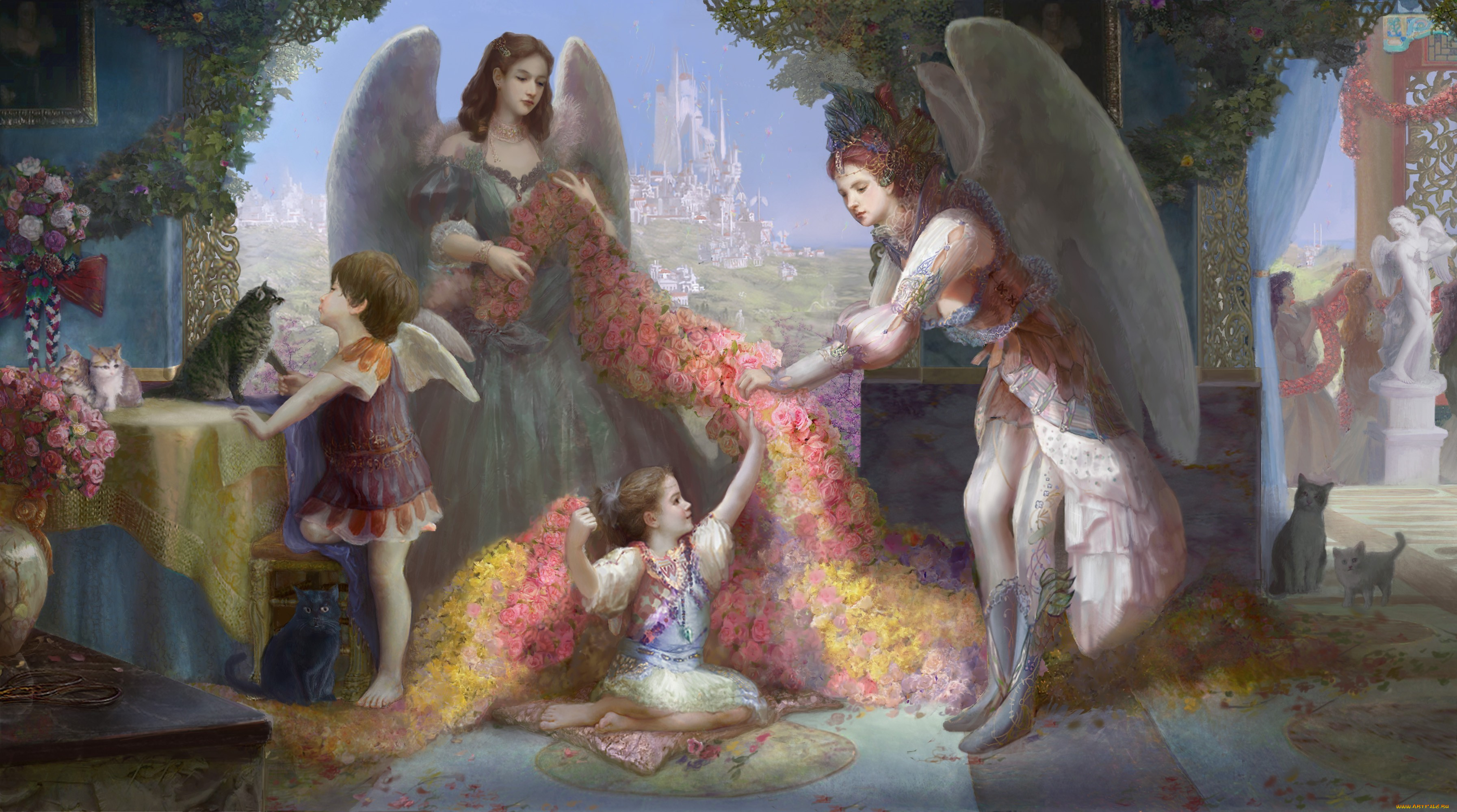 фэнтези, ангелы, цветы, кошки, дети
