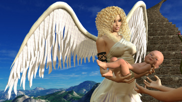 Картинка tipsy+angel 3д+графика anime+ аниме ангел крылья лестница младенец