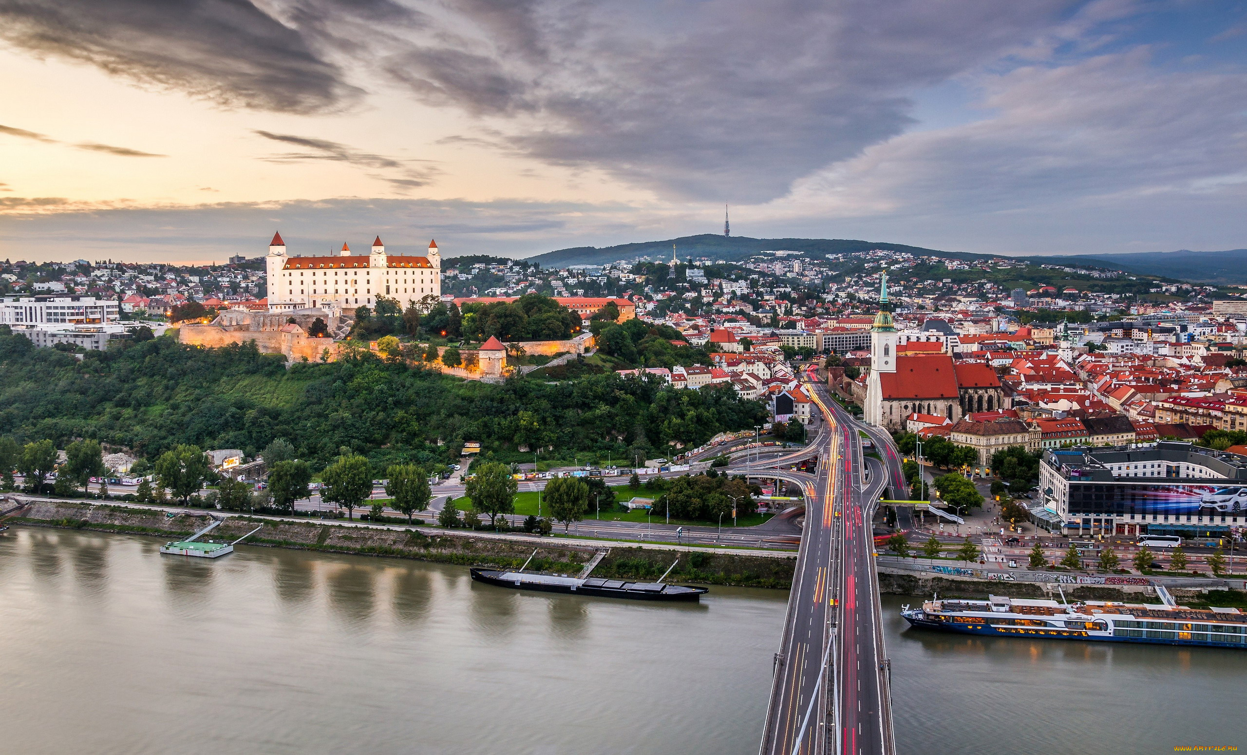 города, братислава, , словакия, река, мост, панорама