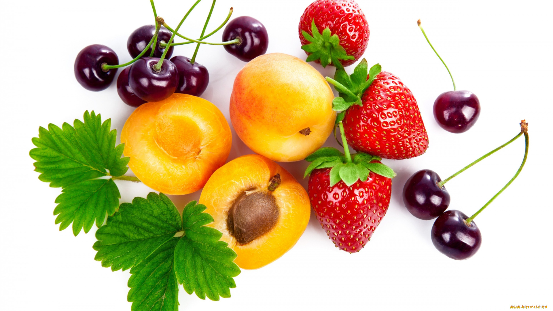 еда, фрукты, , ягоды, ягода, листья, крупным, планом, абрикосы, вишня, клубника, белый, фон