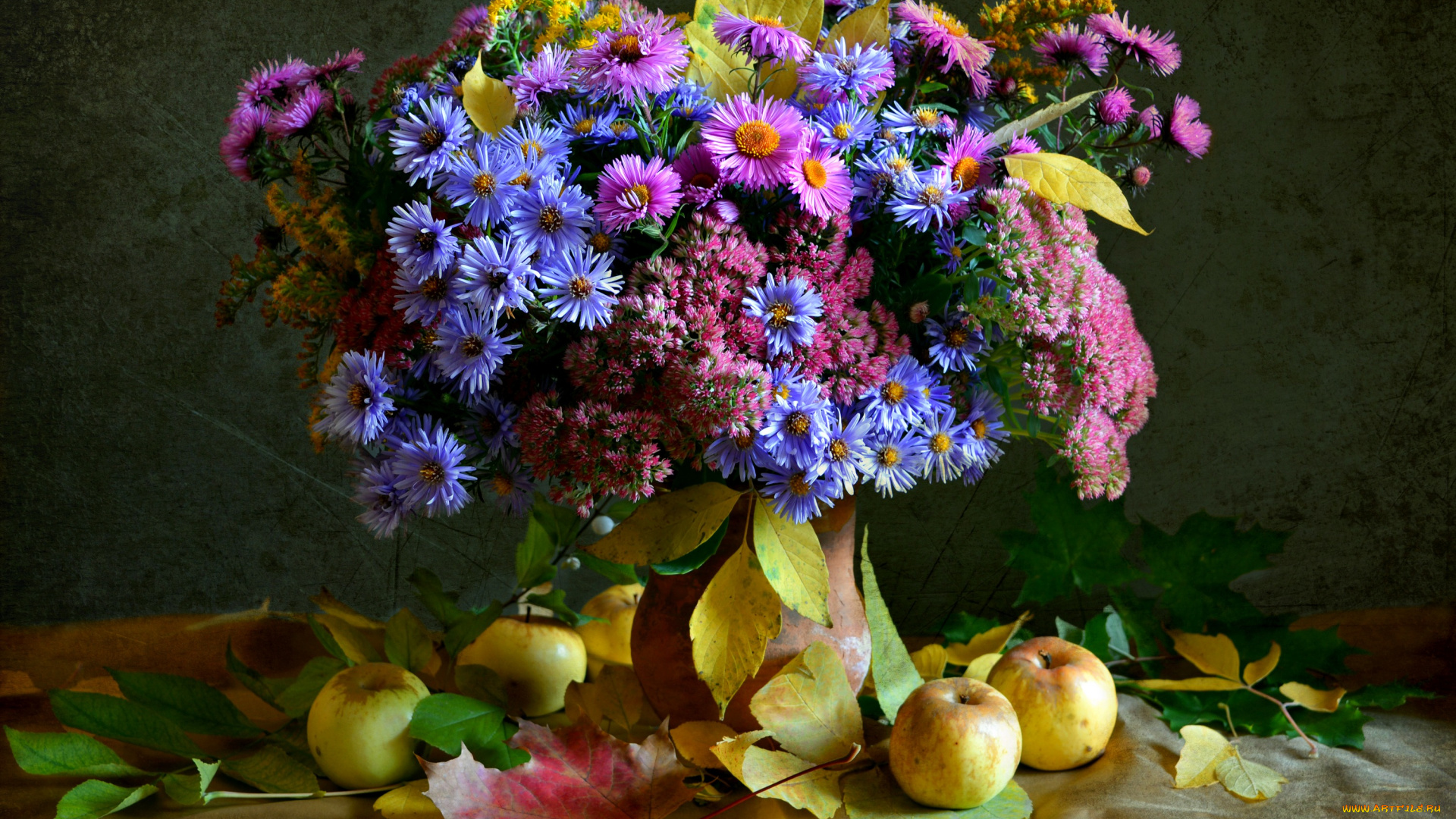 еда, Яблоки, листья, композиция, яблоки, букет, цветы, фрукты, осень, натюрморт