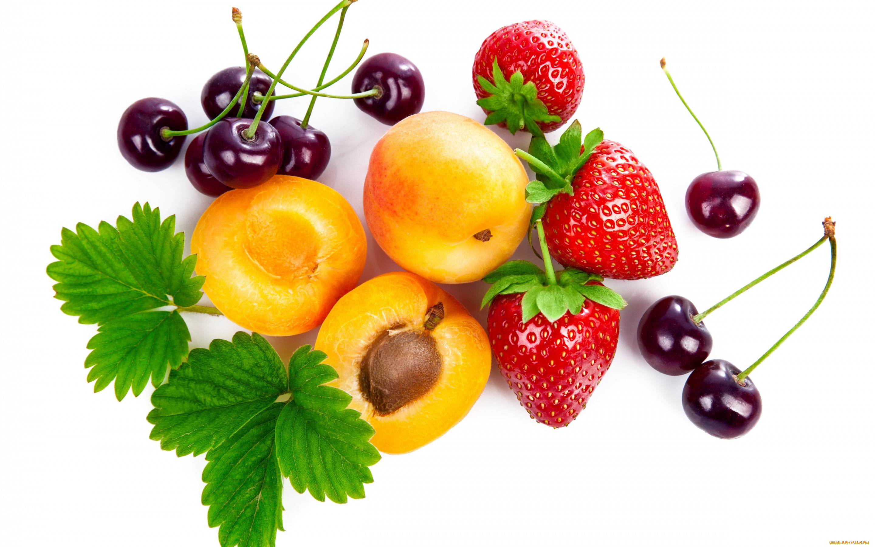 еда, фрукты, , ягоды, ягода, листья, крупным, планом, абрикосы, вишня, клубника, белый, фон