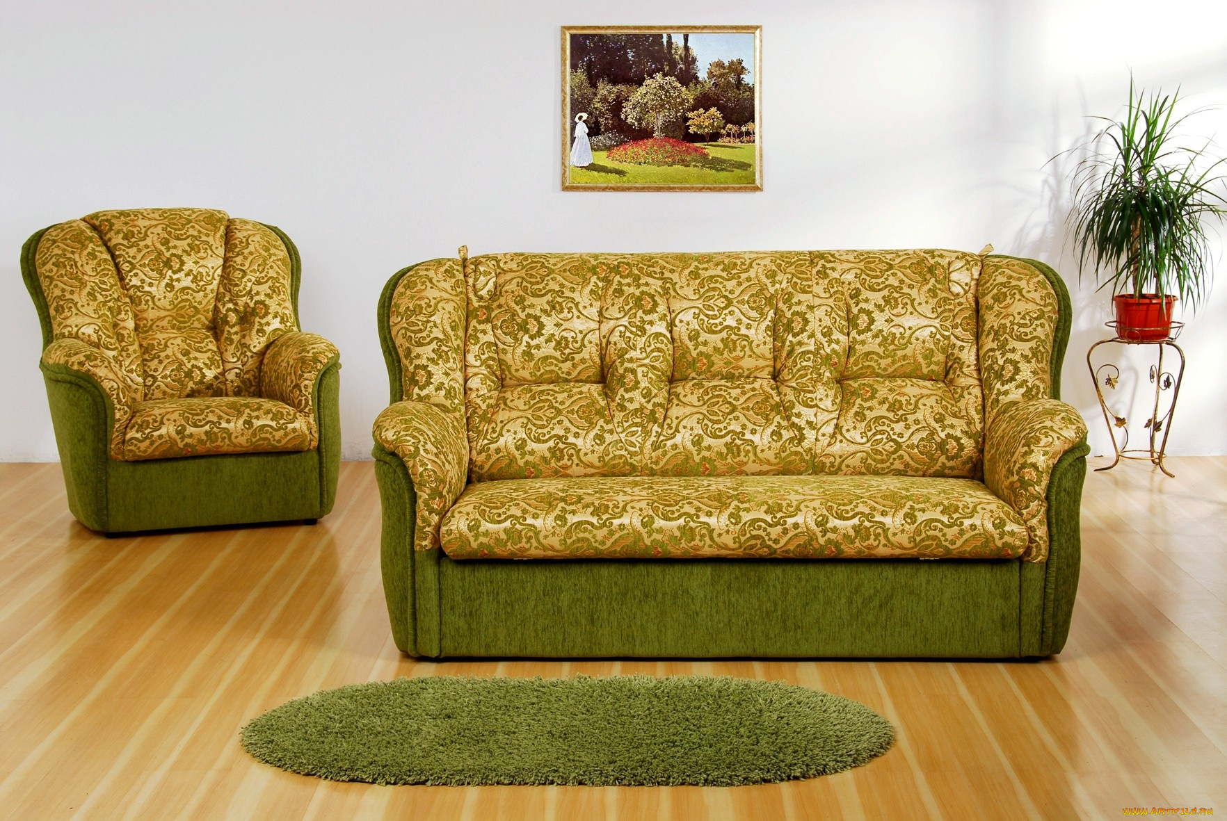 интерьер, мебель, диван, кресло, коврик, золотистый, зеленый