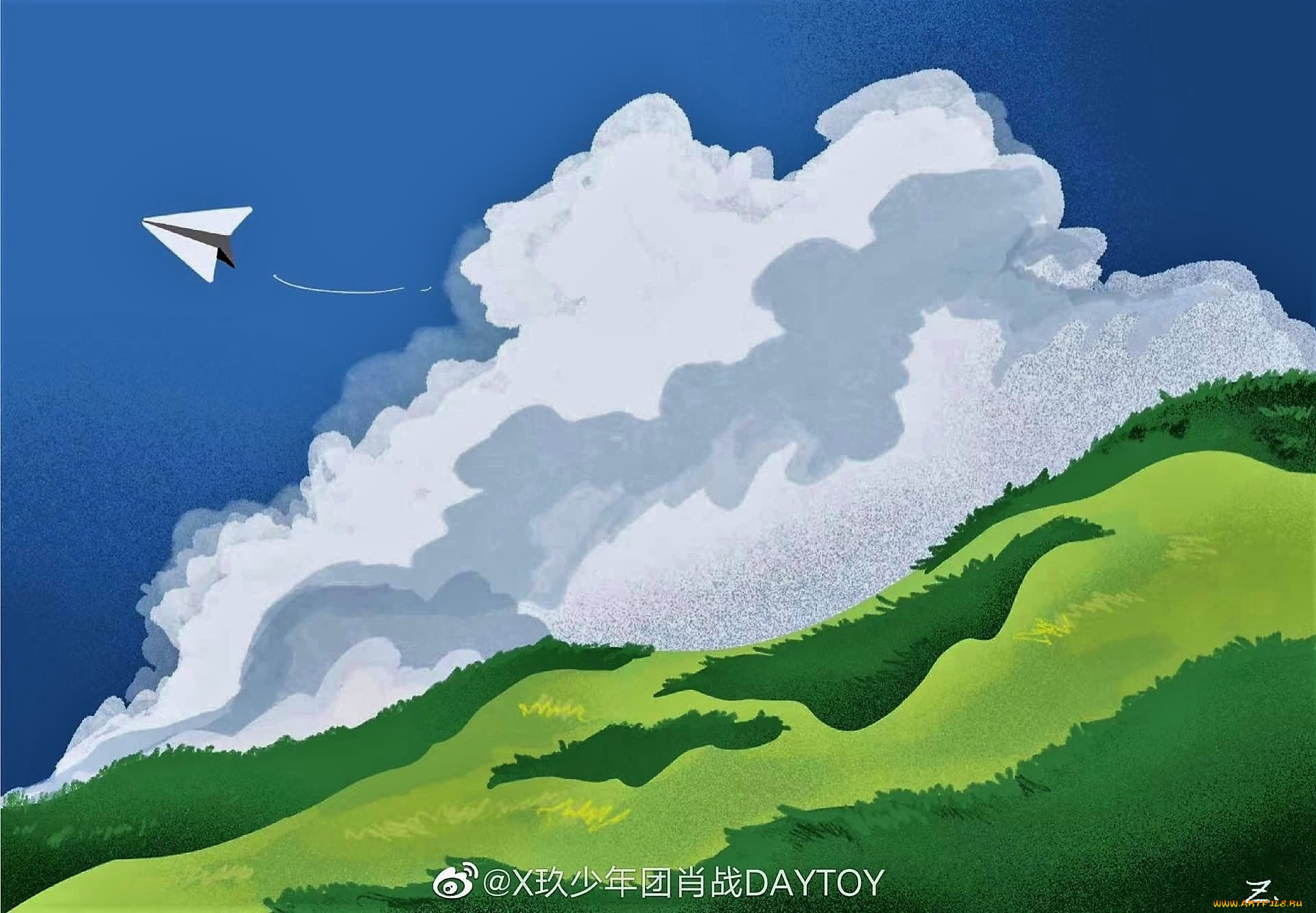 рисованное, природа, самолетик, небо, облако, холм