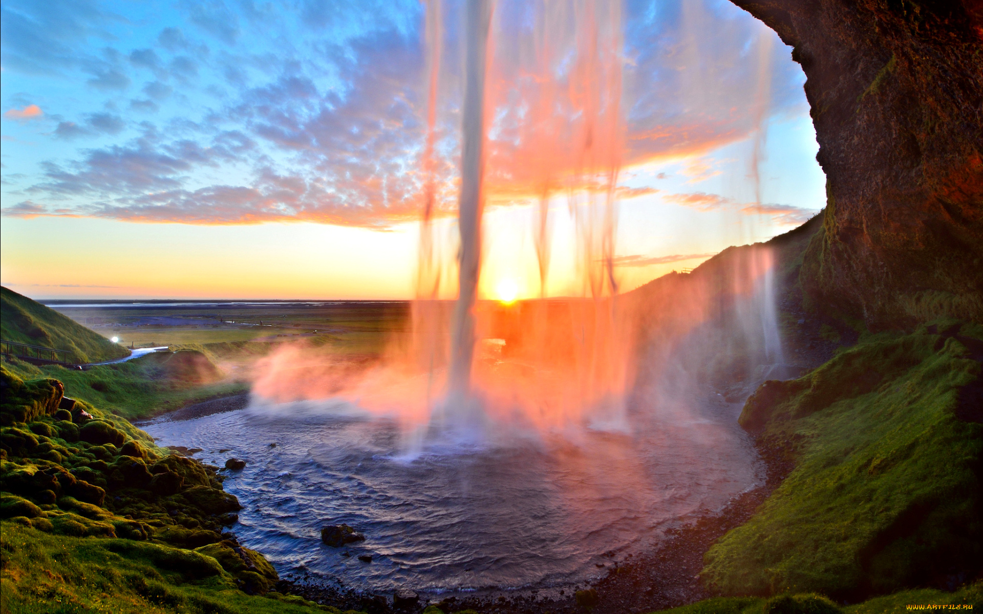 simply, beautiful, природа, водопады, простор, грот, равнина, водопад, облака, seljalandsfoss, iceland, селйяландсфосс, исландия, закат, поток