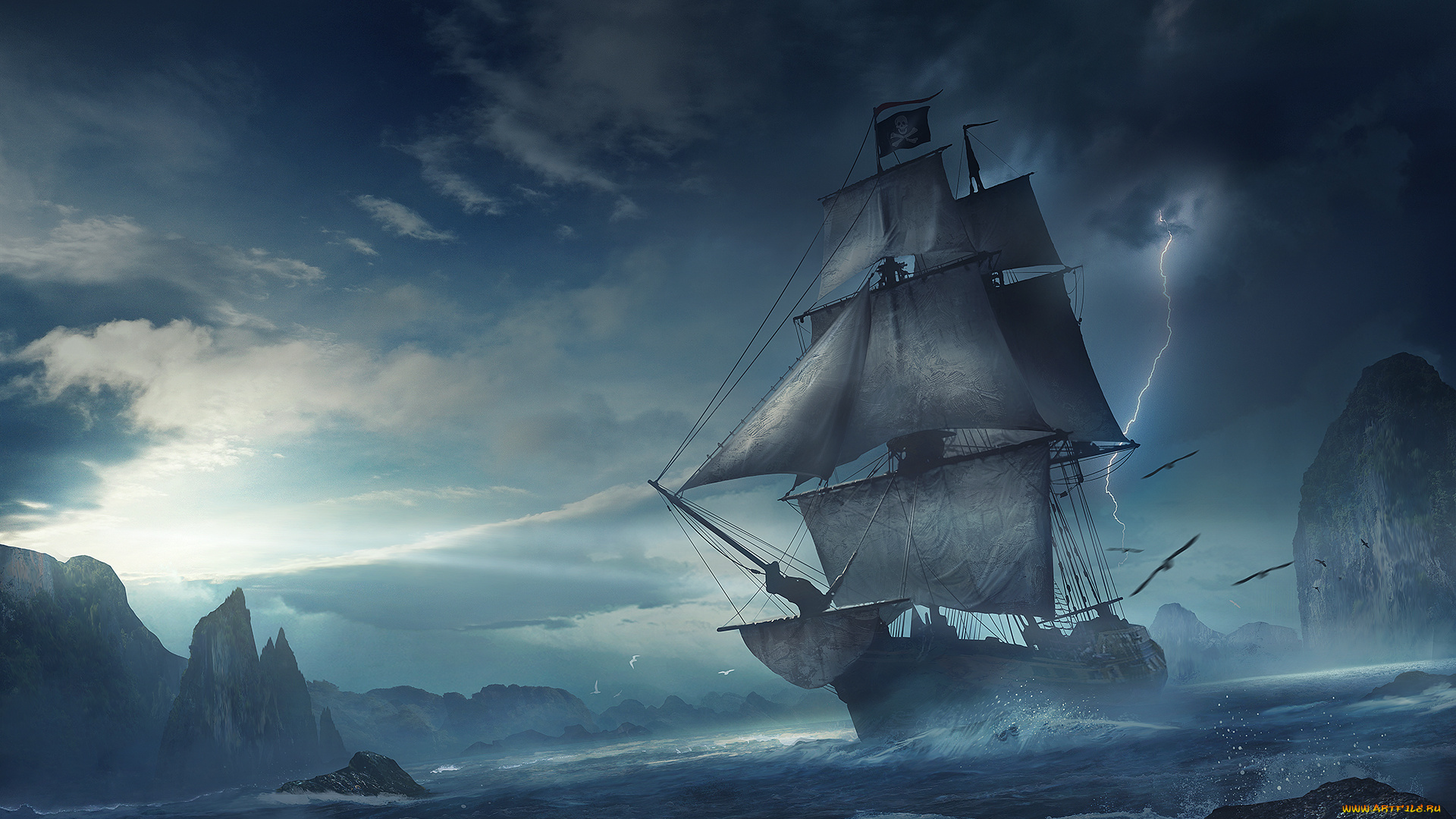 фэнтези, корабли, молния, гроза, волны, море, корабль, пираты