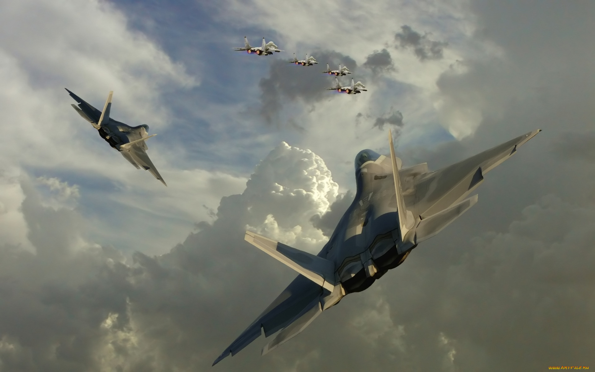 авиация, боевые, самолёты, истребители, f-22, небо, тучи, миг-29