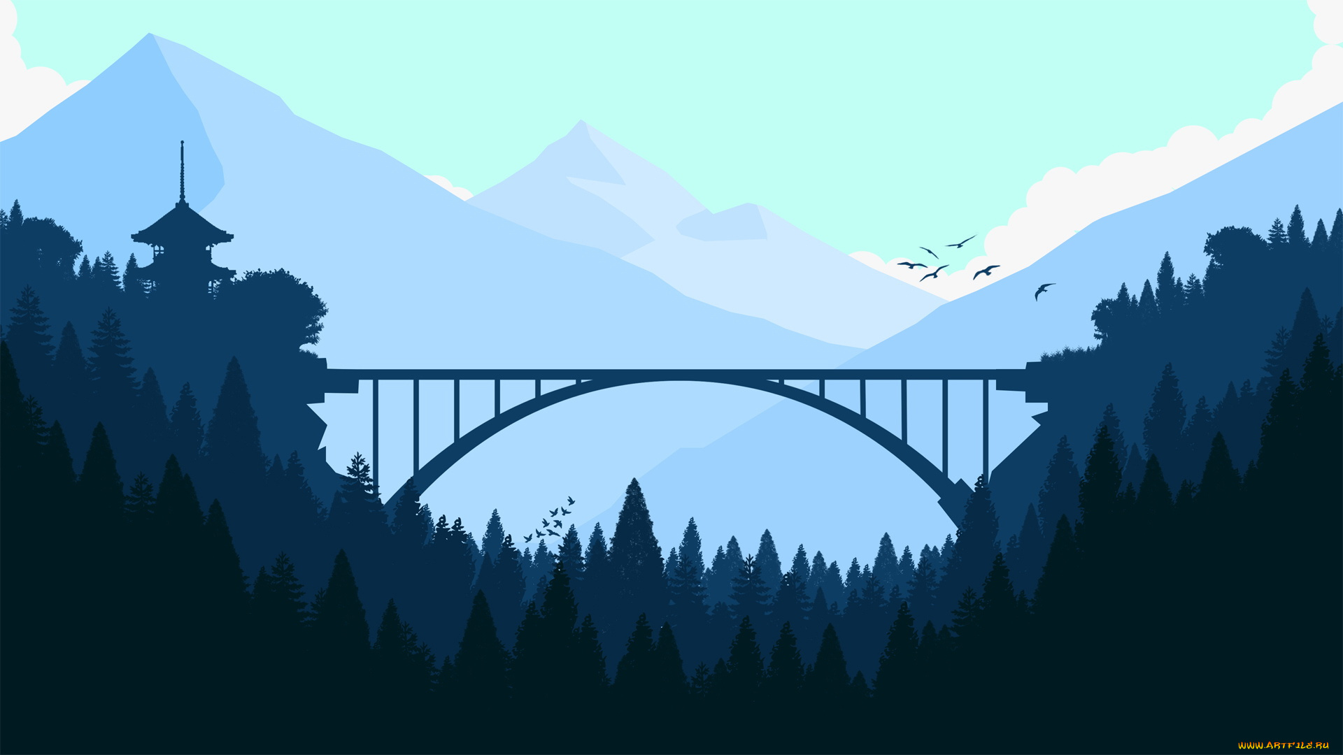 векторная, графика, природа, , nature, горы, мост