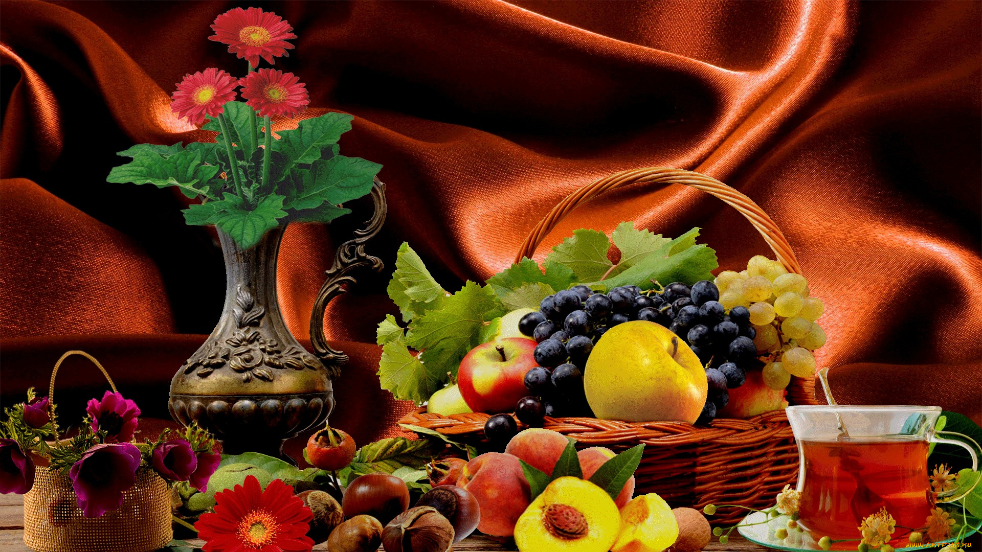 еда, натюрморт, фрукты, цветы, чай