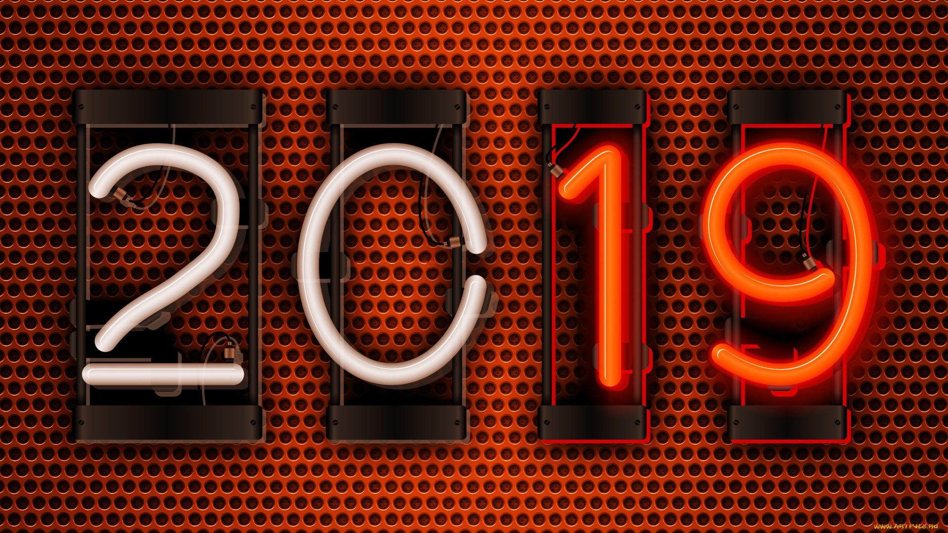c, новым, 2019, годом, праздничные, -, разное, , новый, год, 2019, год, металлическая, сетка, креативный, оранжевый, фон, концепции, неоновые, цифры, с, новым, годом