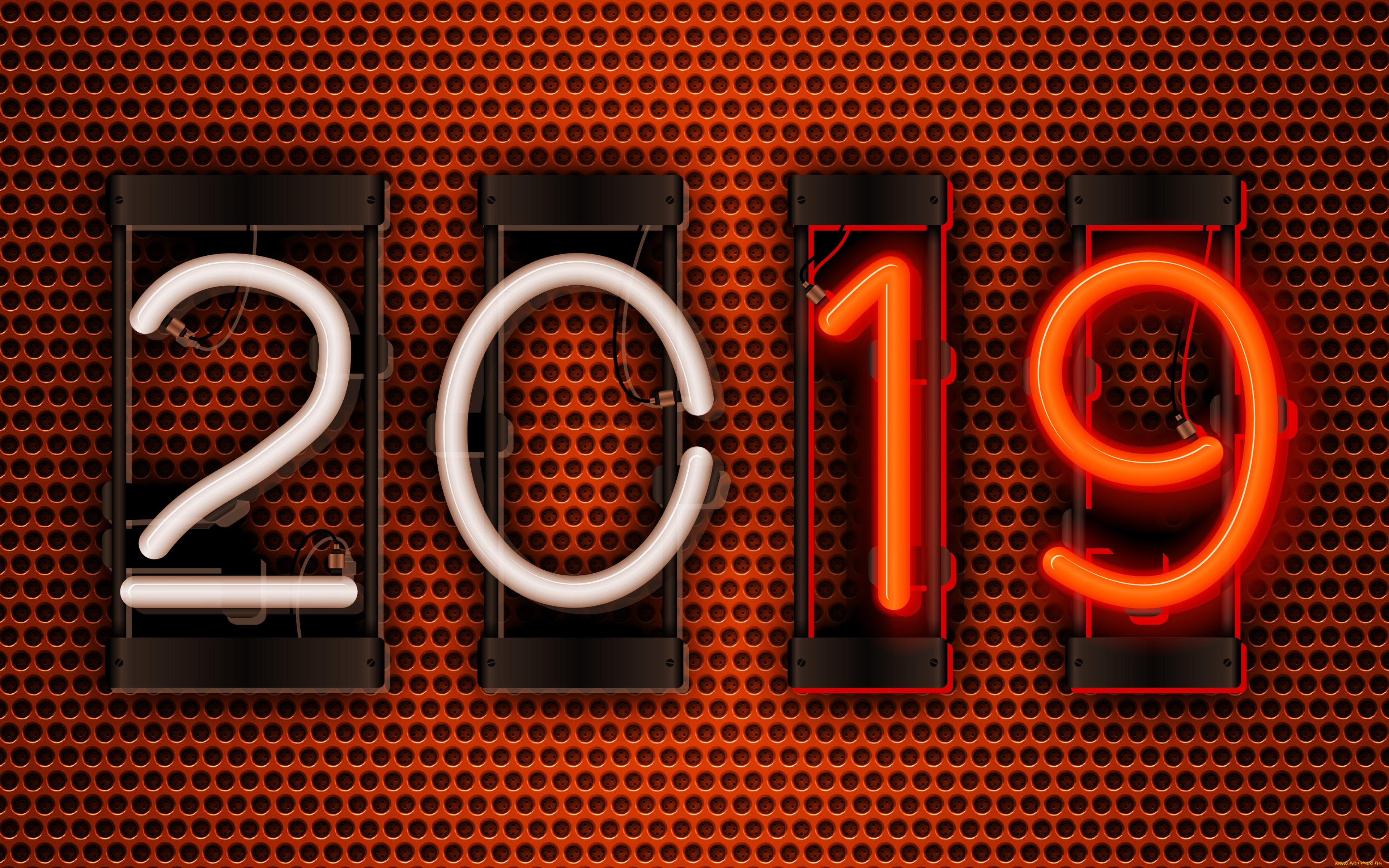 c, новым, 2019, годом, праздничные, -, разное, , новый, год, 2019, год, металлическая, сетка, креативный, оранжевый, фон, концепции, неоновые, цифры, с, новым, годом