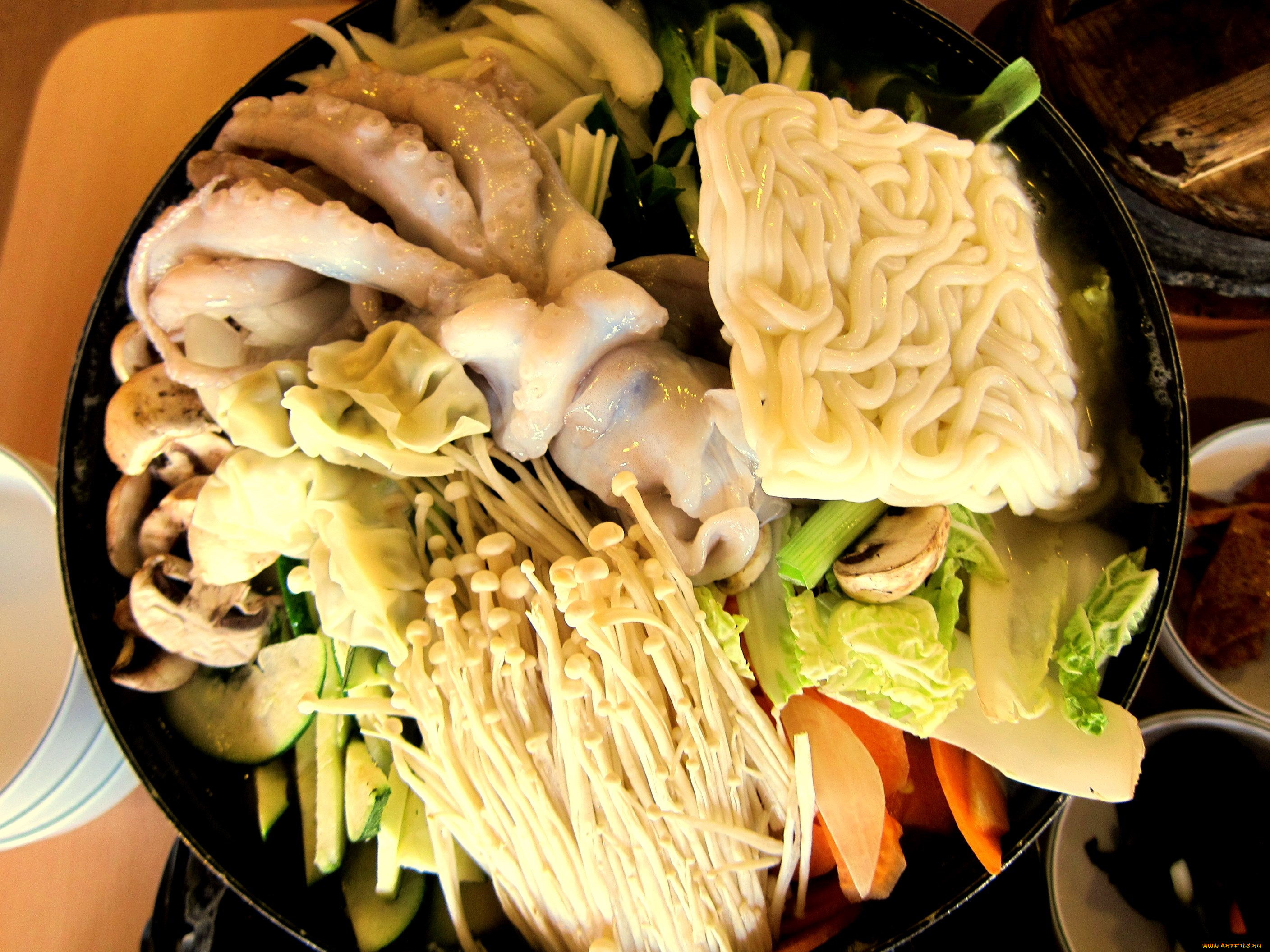 еда, рыбные, блюда, , с, морепродуктами, корейская, кухня, осьминог, грибы, овощи