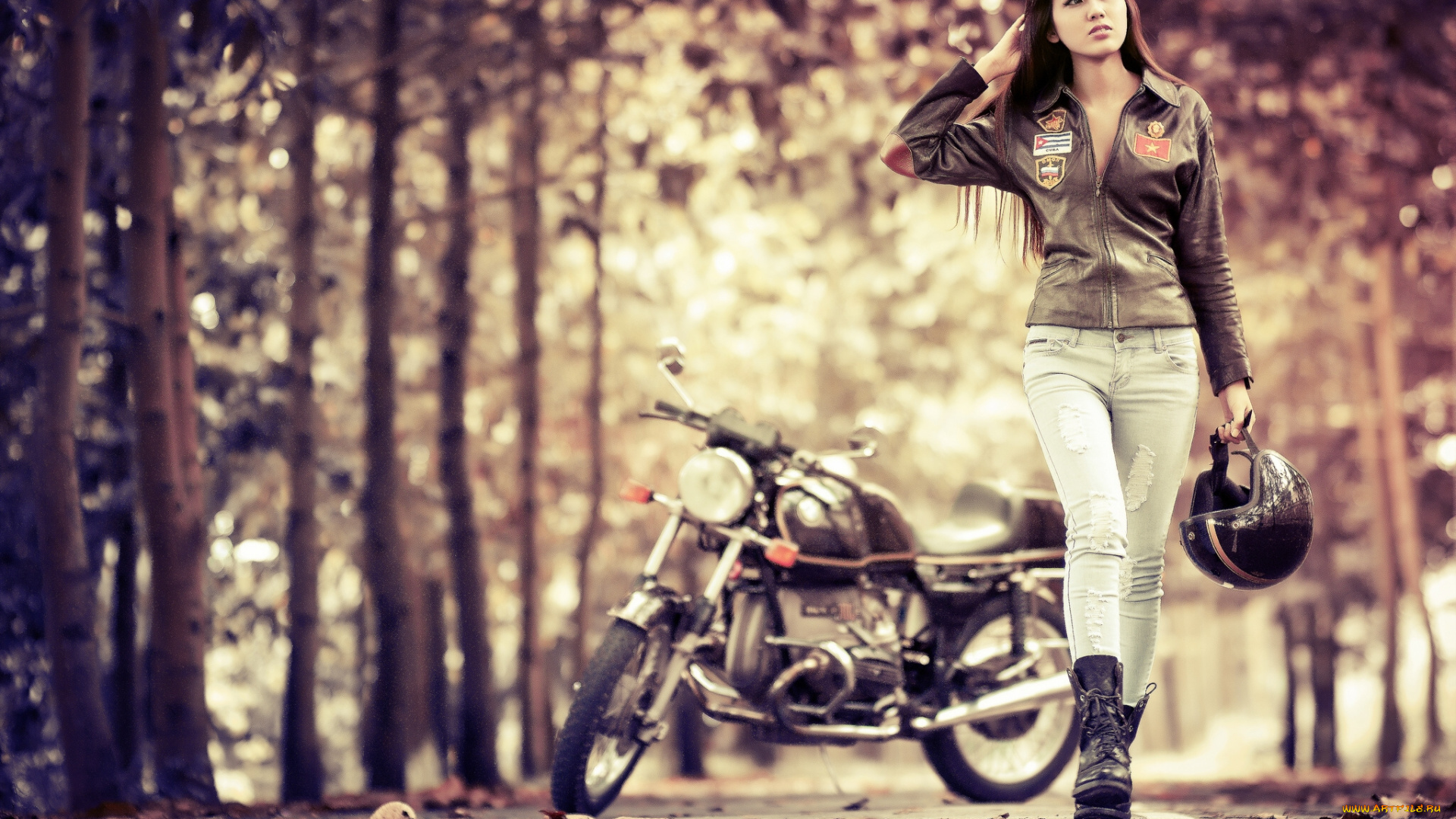 мотоциклы, мото, девушкой, bmw, дорога, шлем, лес