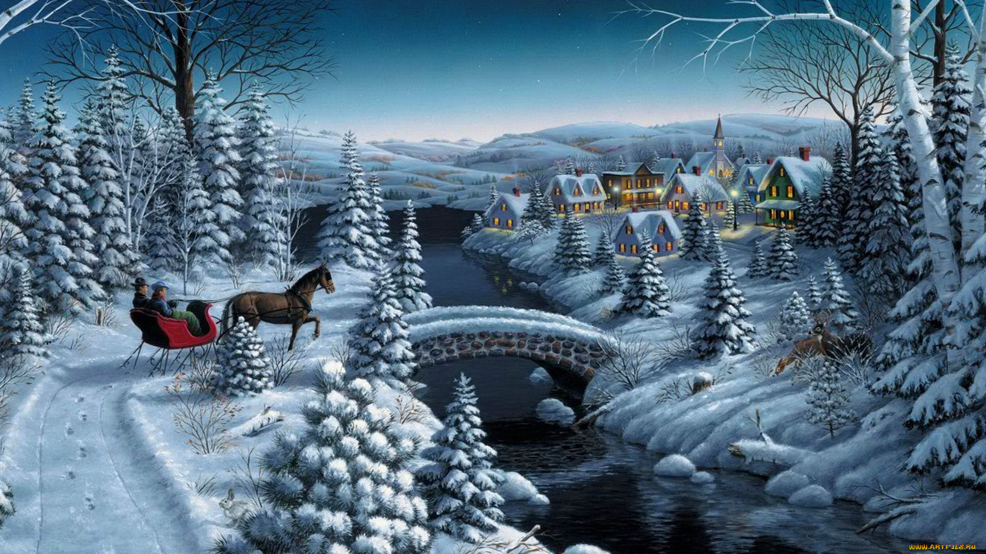 peace, on, earth, рисованные, mark, daehlin, лошадь, сани, деревня, мост, река, зима, снег, дома