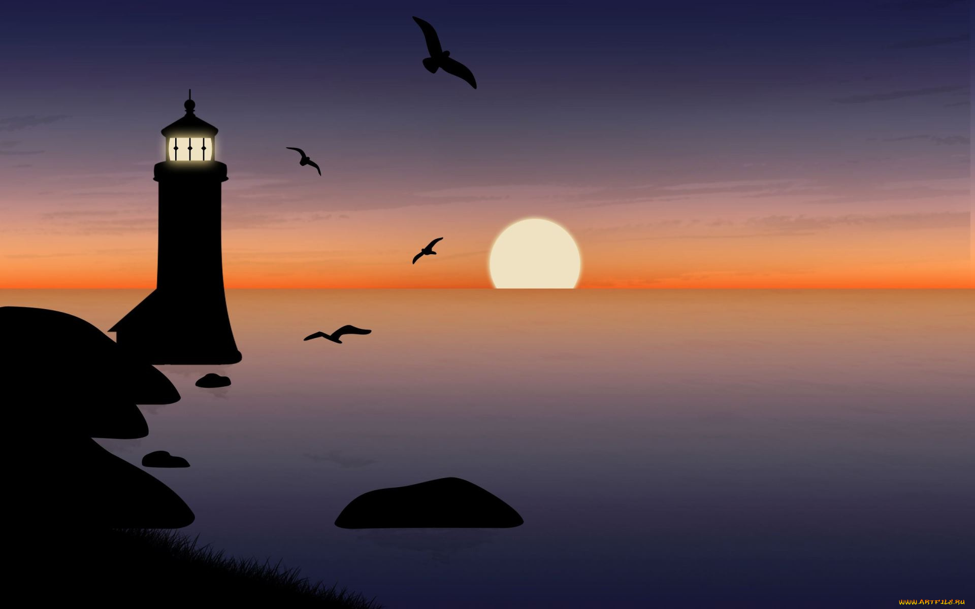 рисованное, природа, маяк, солнце, закат, камни, чайки, море