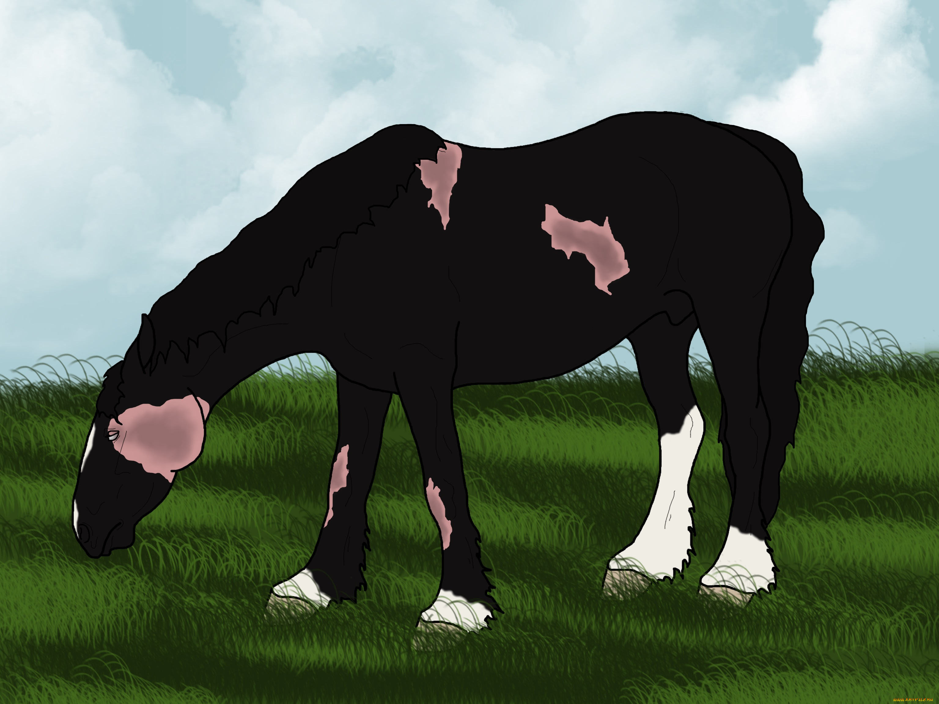 рисованное, животные, , лошади, лето, трава, лошади