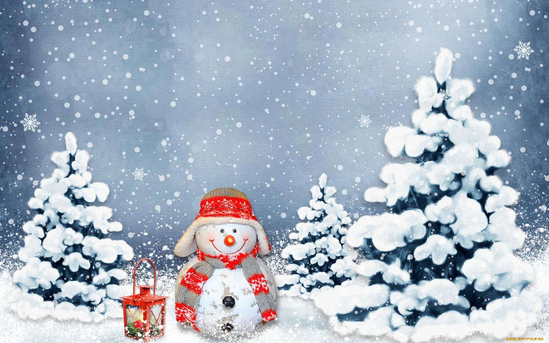 праздничные, снеговики, ёлки, улыбка, снеговик, снег, снежинки, зима, фонарь