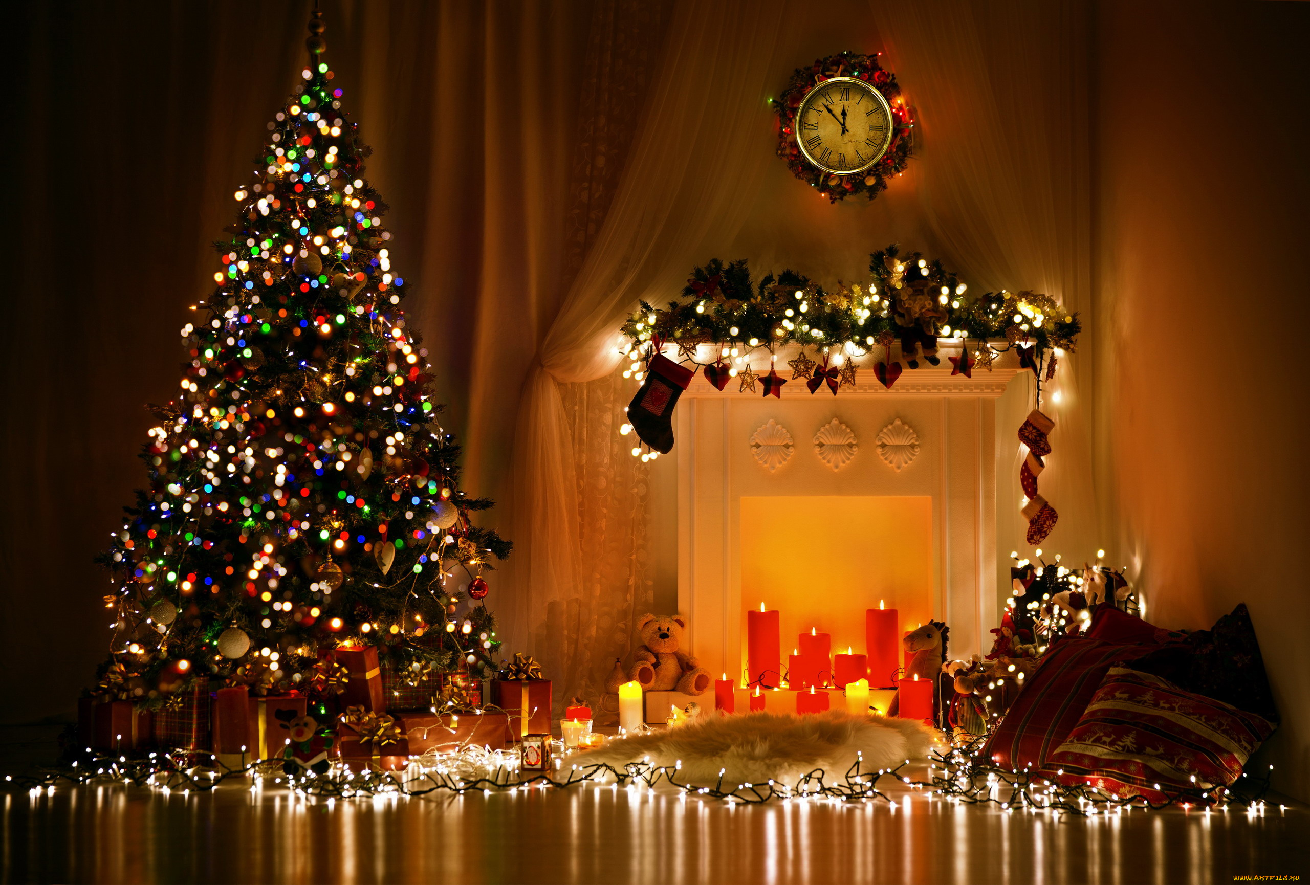 праздничные, новогодний, очаг, гирлянды, свечи, часы, елка