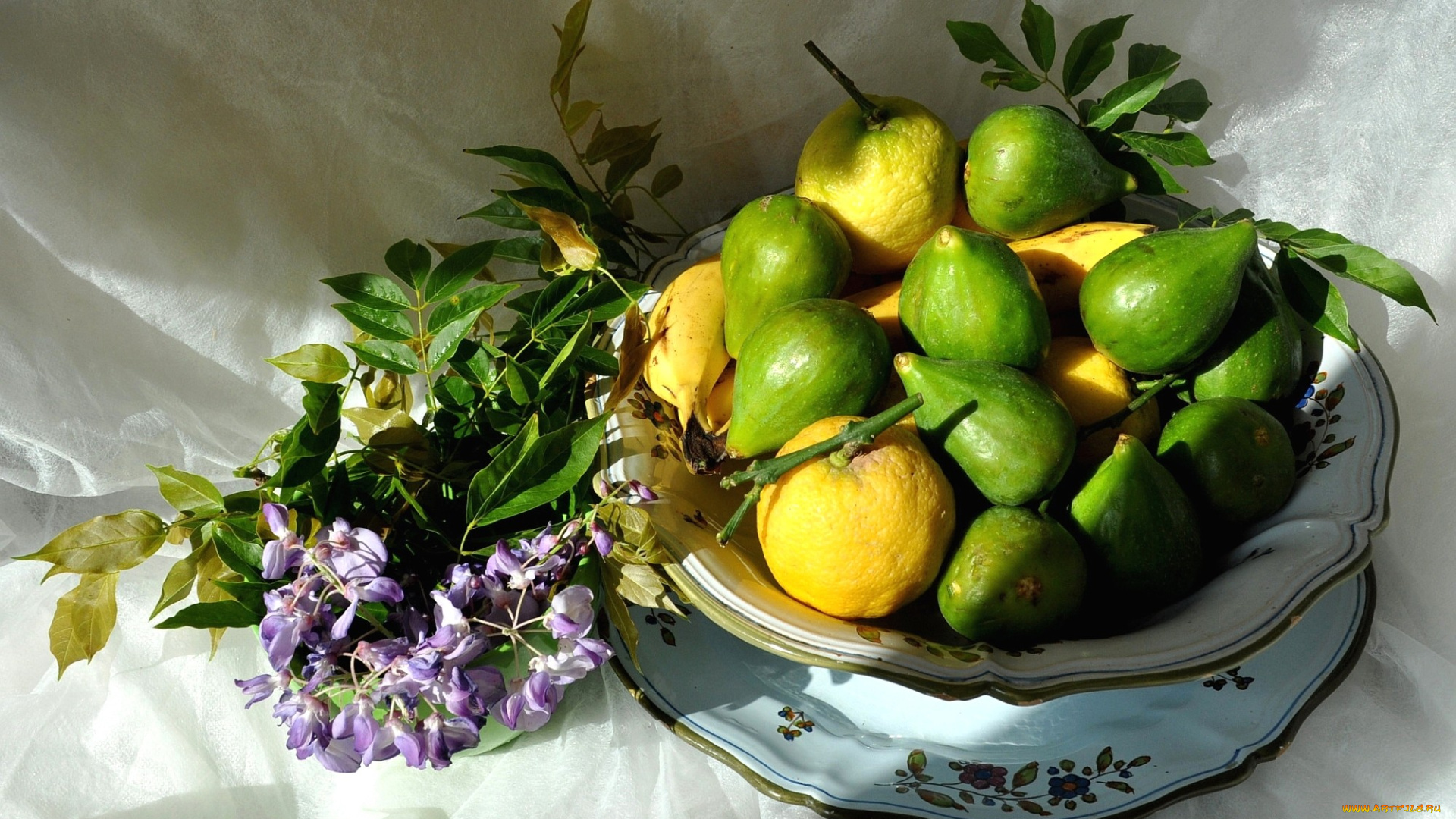 еда, фрукты, ягоды, инжир, лимоны, цветы