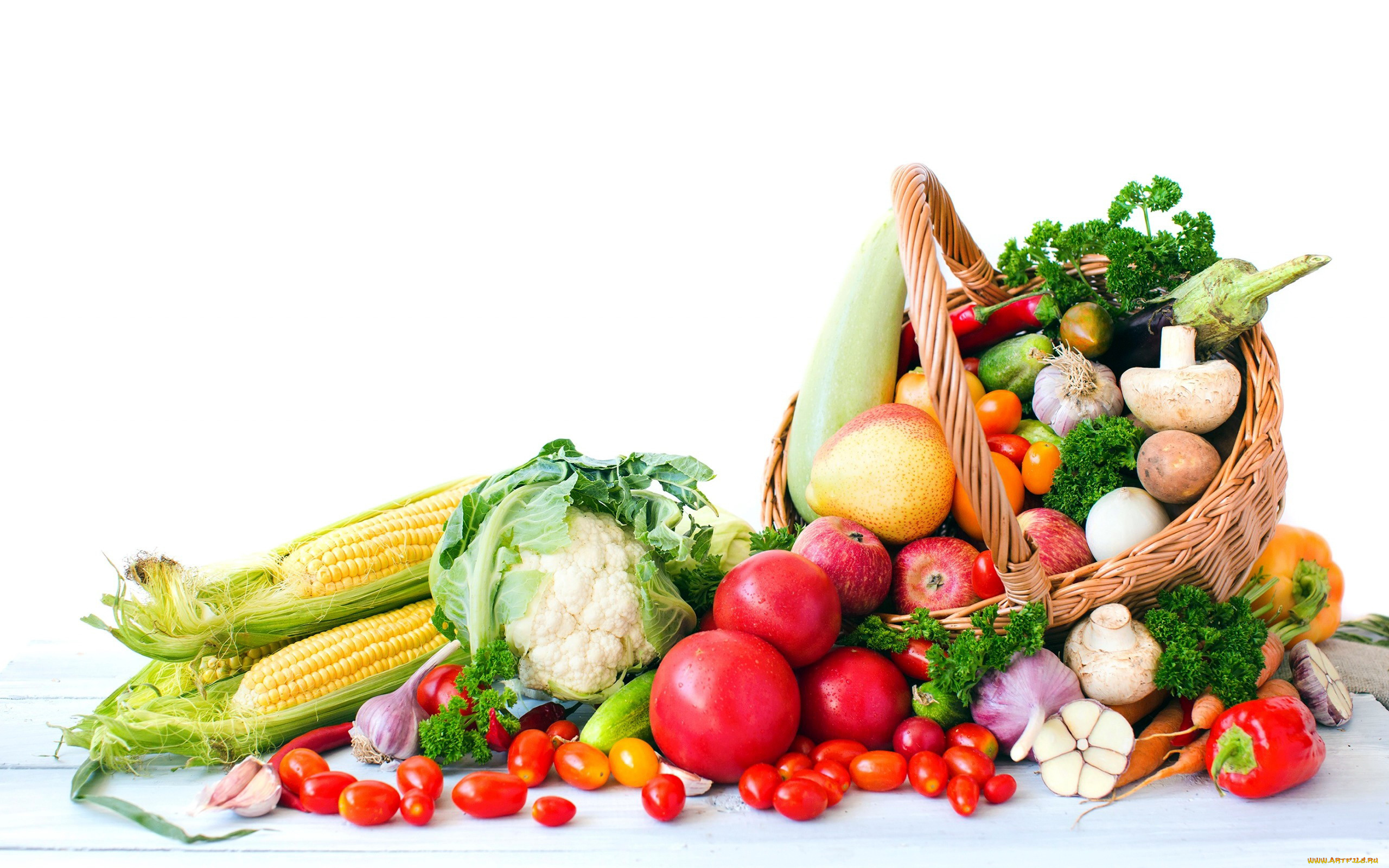 еда, фрукты, и, овощи, вместе, груши, кукуруза, капуста, яблоки, помидоры, томаты