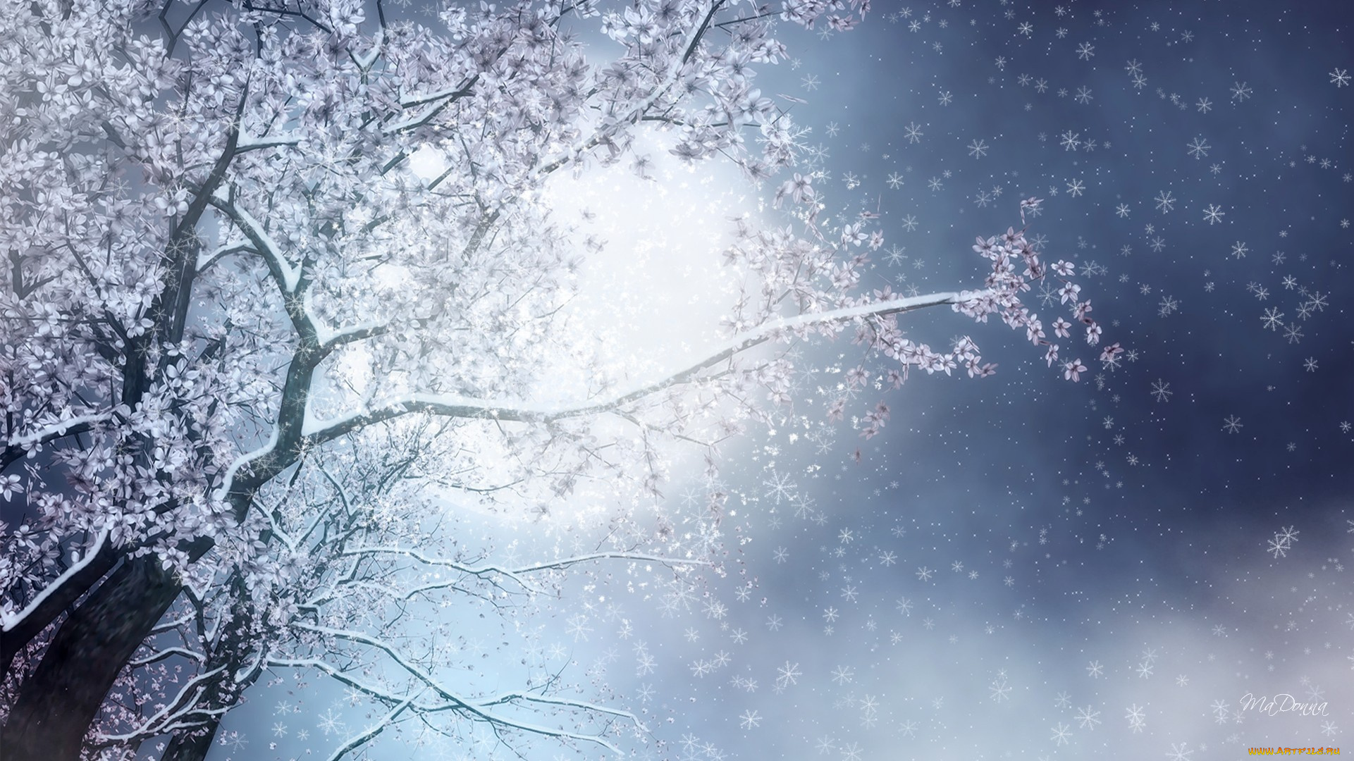 рисованное, природа, дерево, цветение, снег