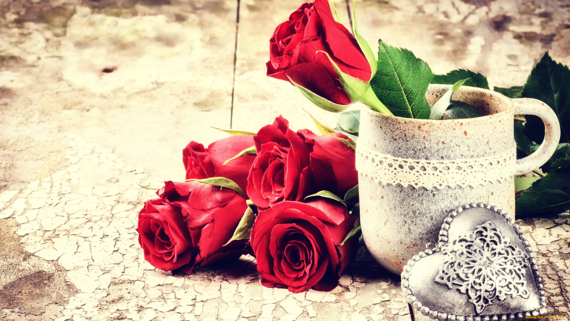 цветы, розы, кружка, сердечко, красный