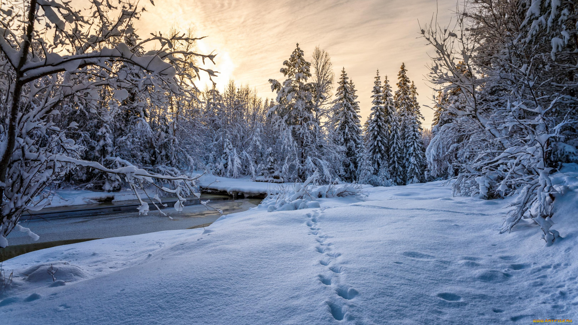 природа, зима, закат, речка, ручей, норвегия