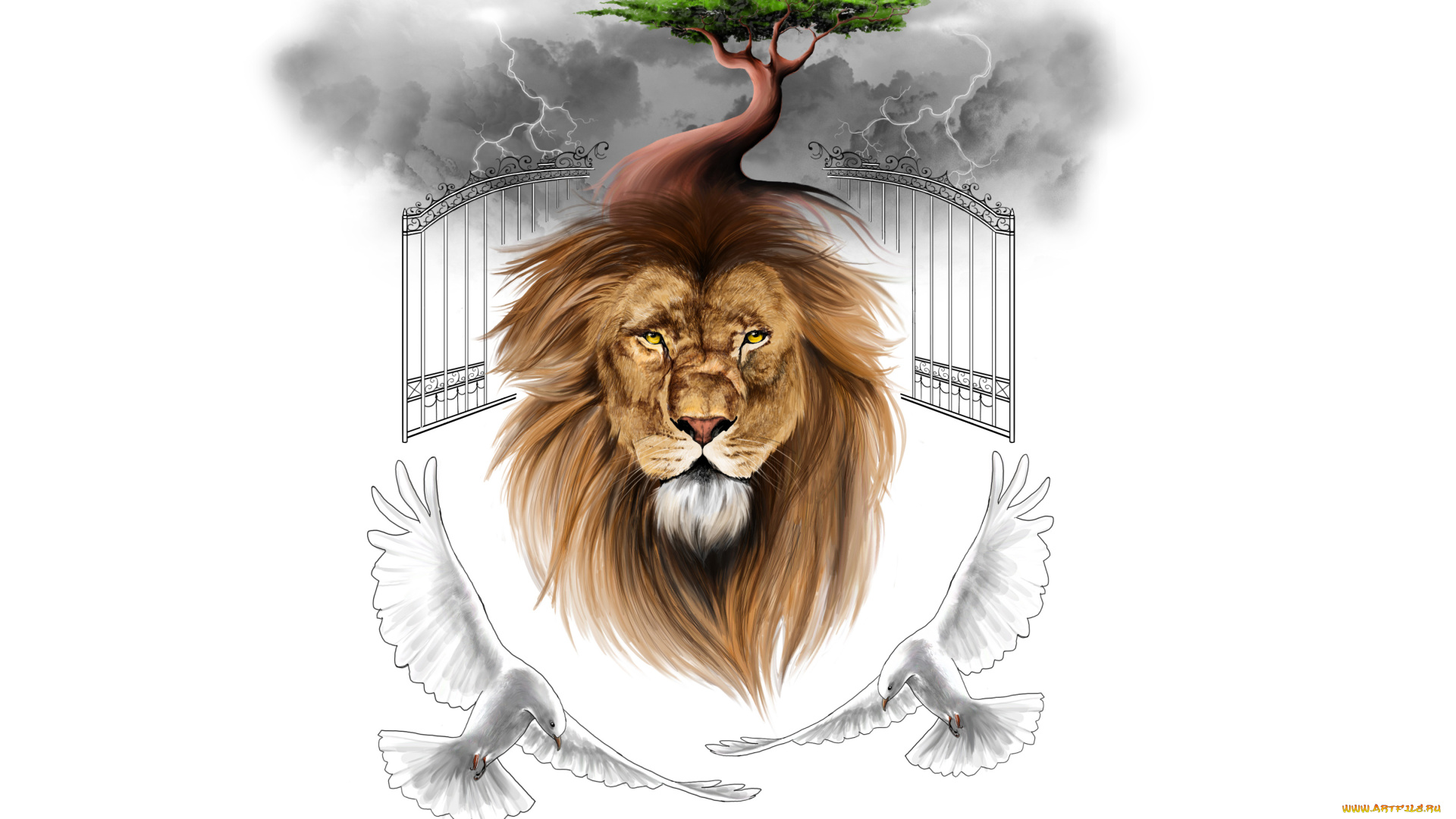 лев, рисованные, минимализм, ворота, голуби, тучи, молния, дерево, животное
