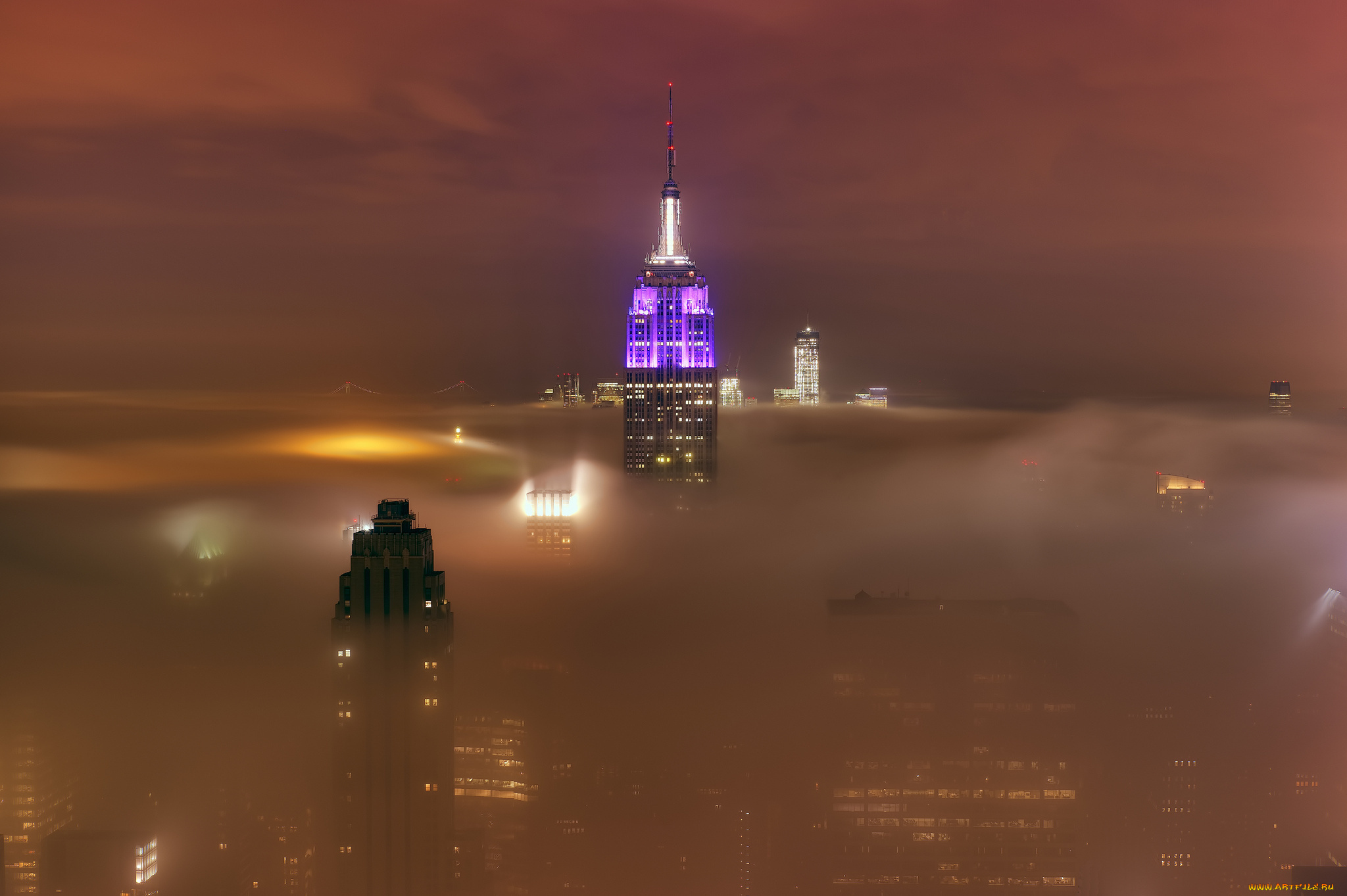 usa, -, new-york, -, manhattan, -, empire, state, building, города, нью-йорк, , сша, огни, эмпайер-стэйт-билдинг, подсветка, city, lights, ночь, manhattan, new, york, foggy, туман
