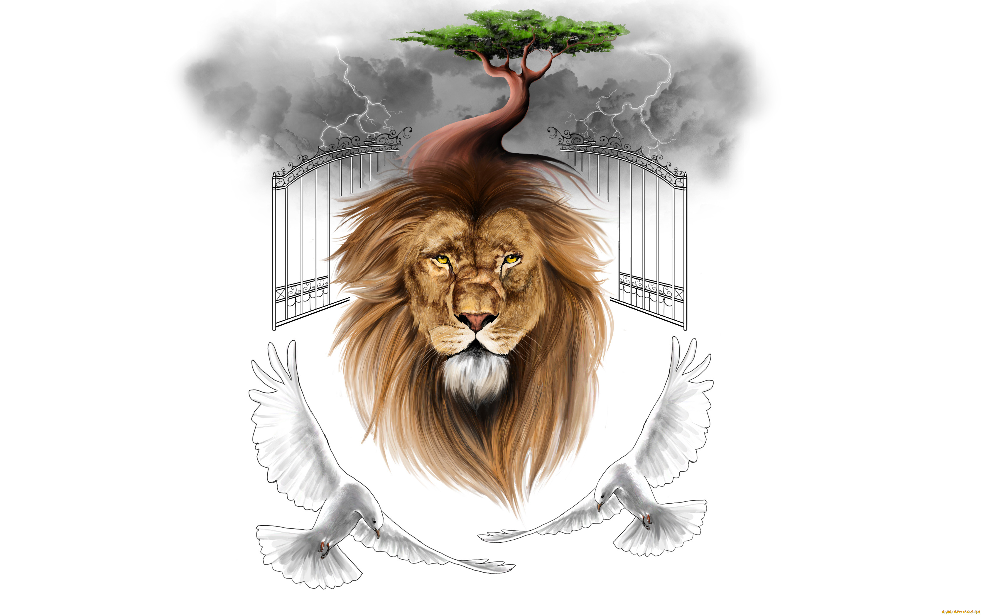 лев, рисованные, минимализм, ворота, голуби, тучи, молния, дерево, животное