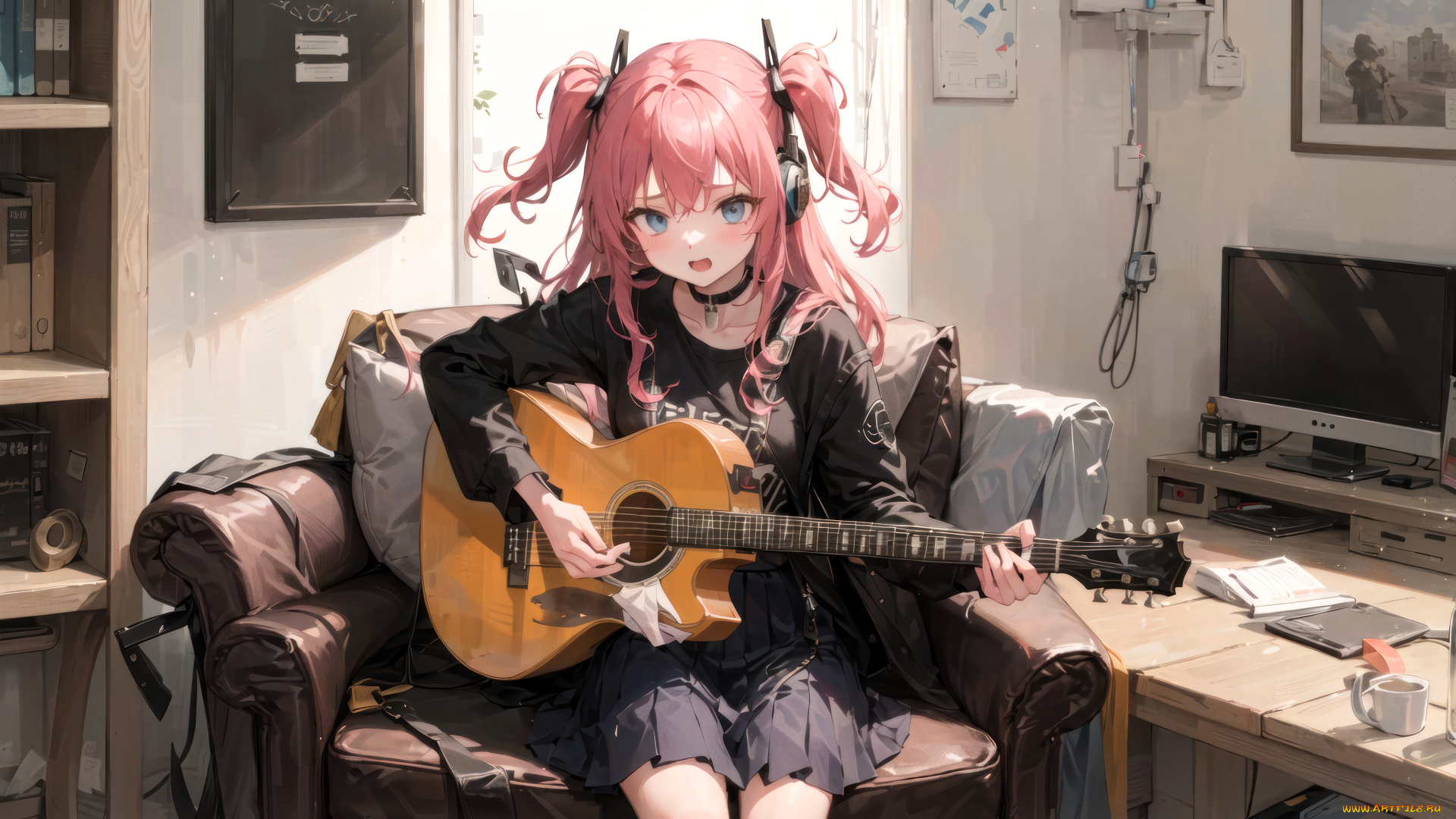 аниме, музыка, девушка, гитара, кресло, компьютер