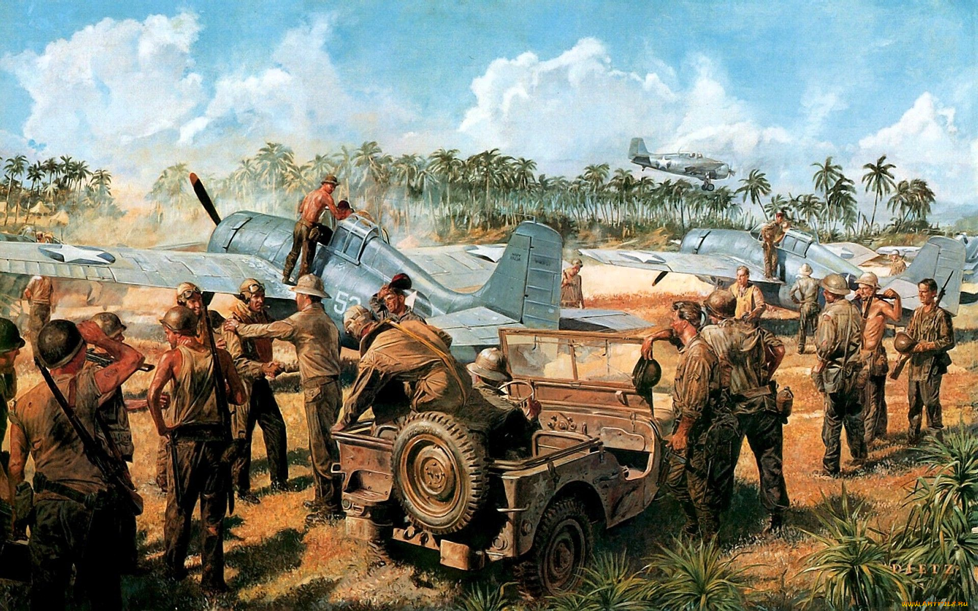 рисованное, армия, солдаты, техника, пальмы