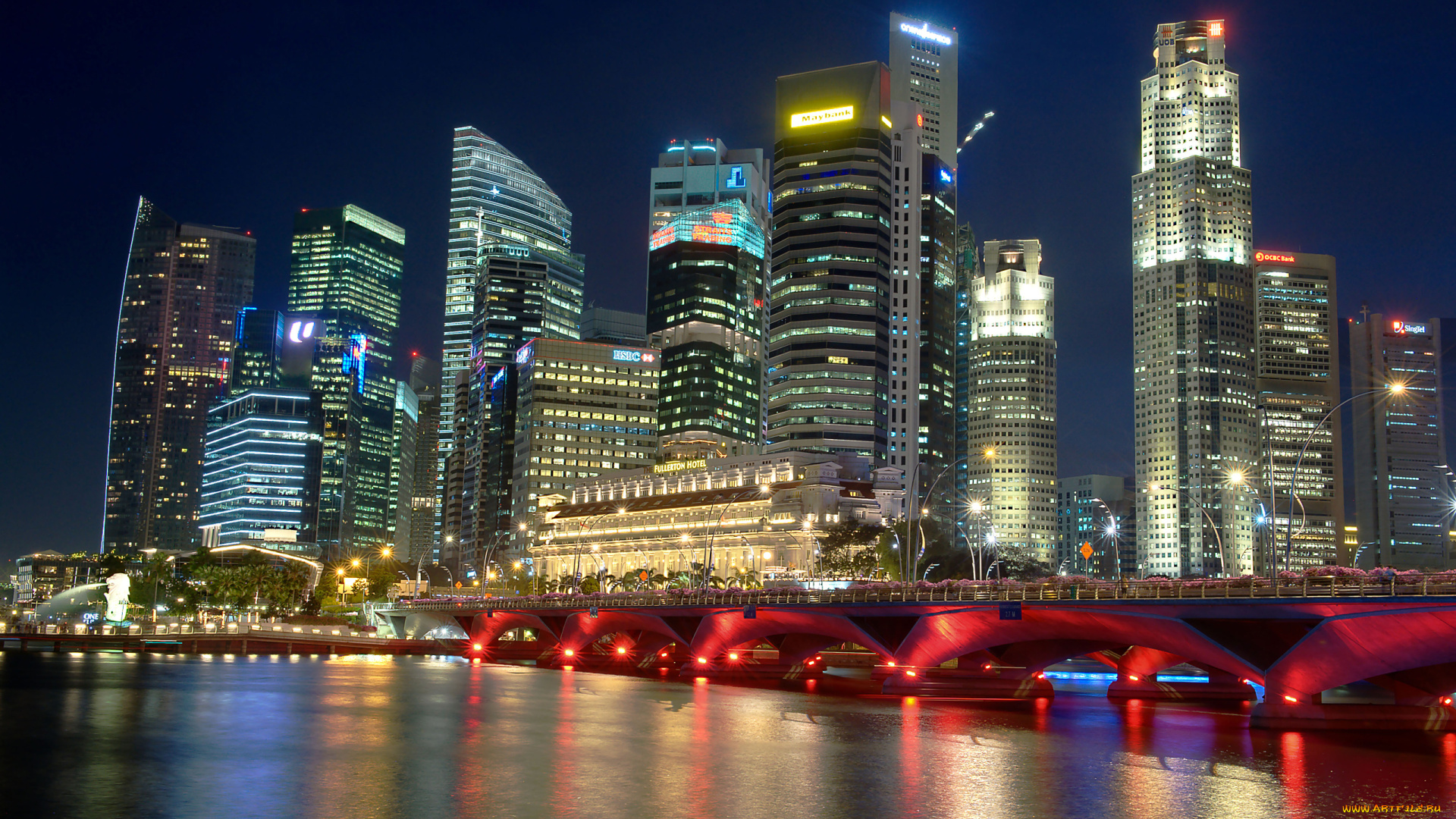 города, сингапур, город, река, ночь