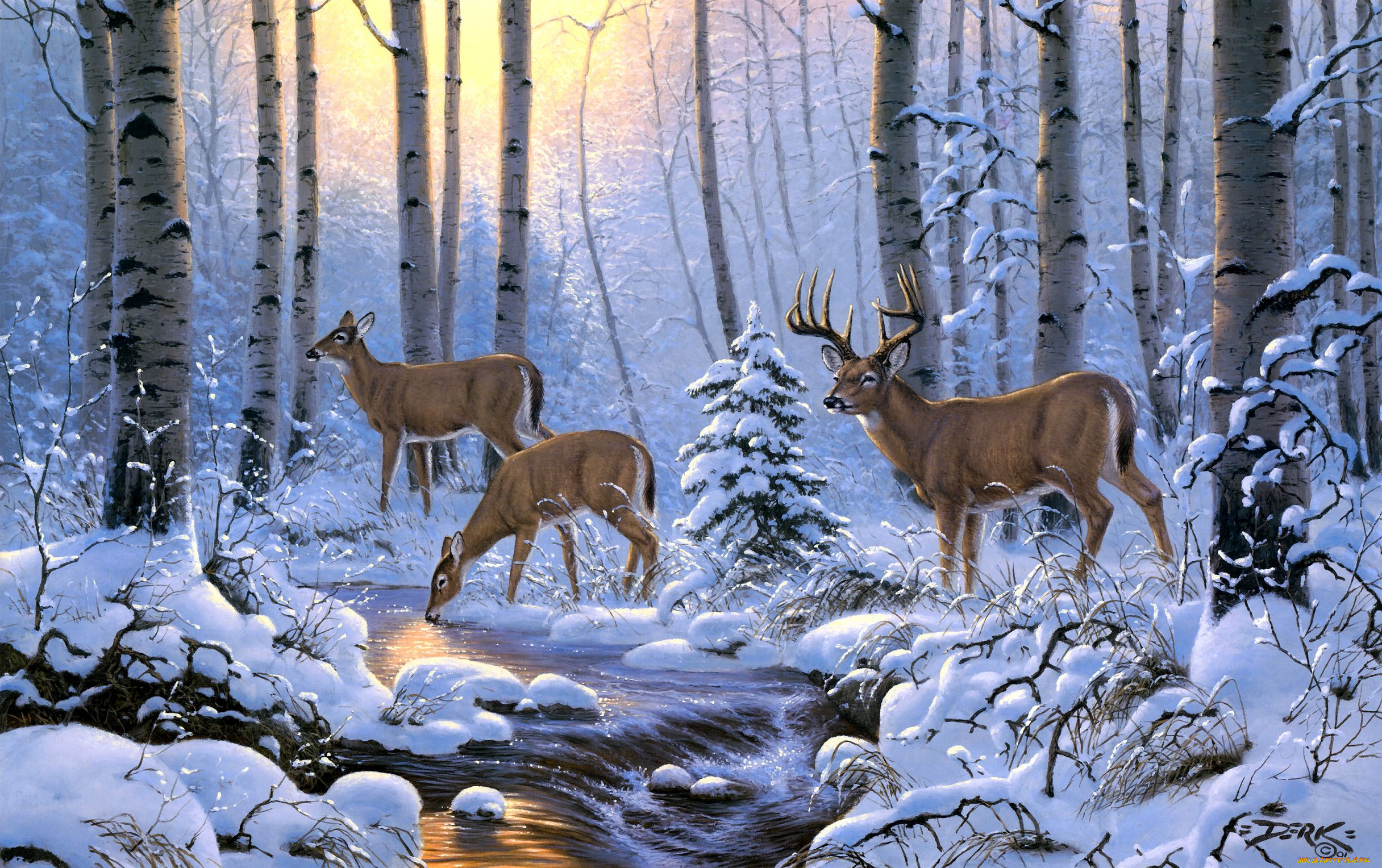 рисованное, животные, , олени, зима, олени