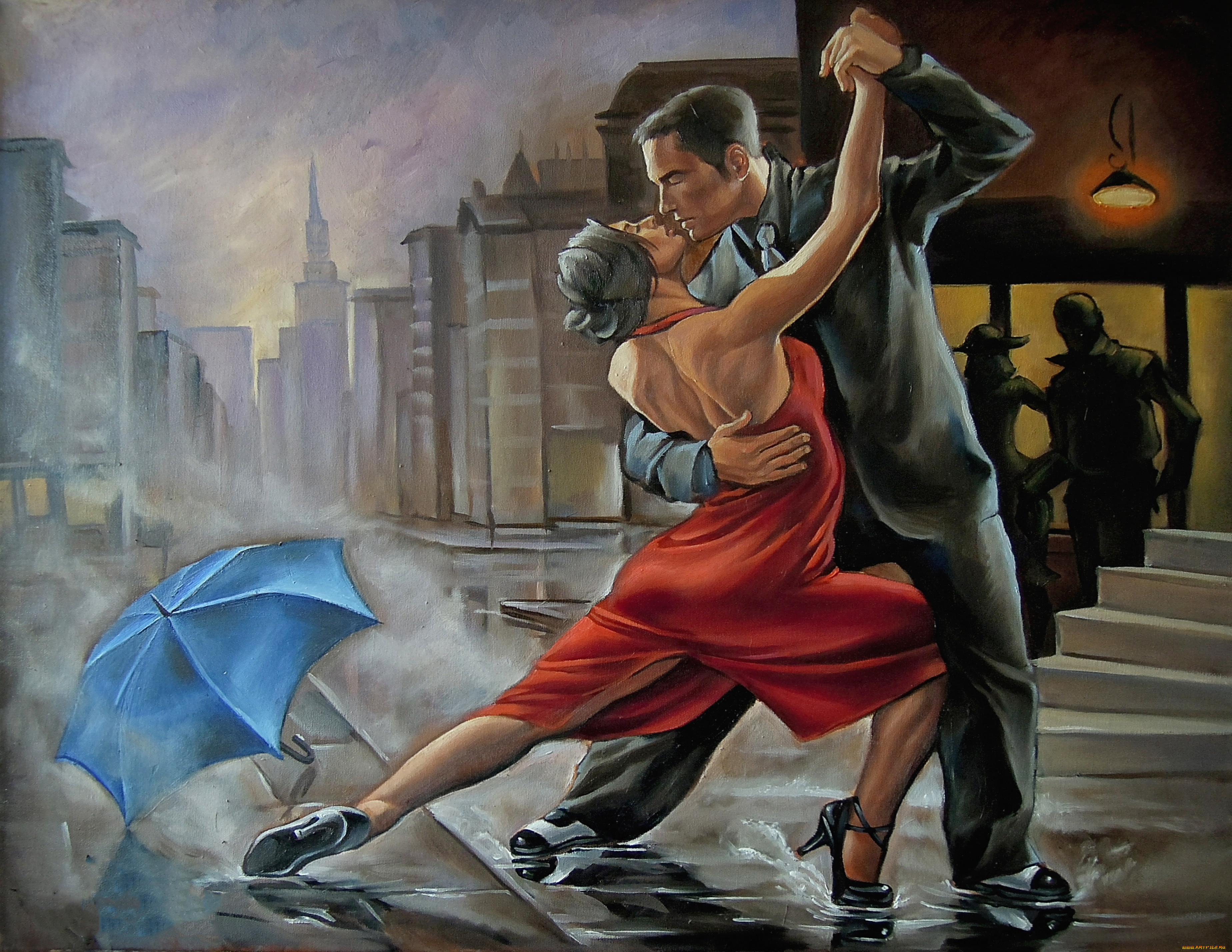рисованное, люди, зонт, танец, мужчина, женщина