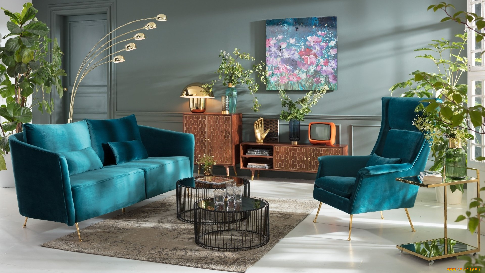 интерьер, гостиная, кресло, диван, растения