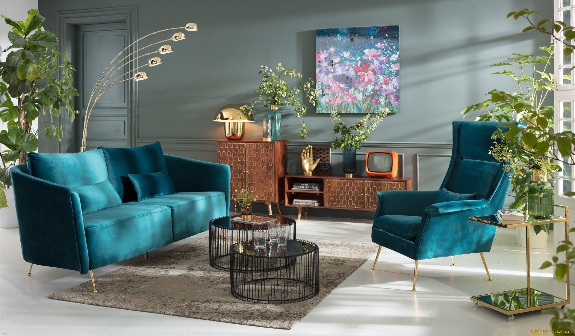 интерьер, гостиная, кресло, диван, растения