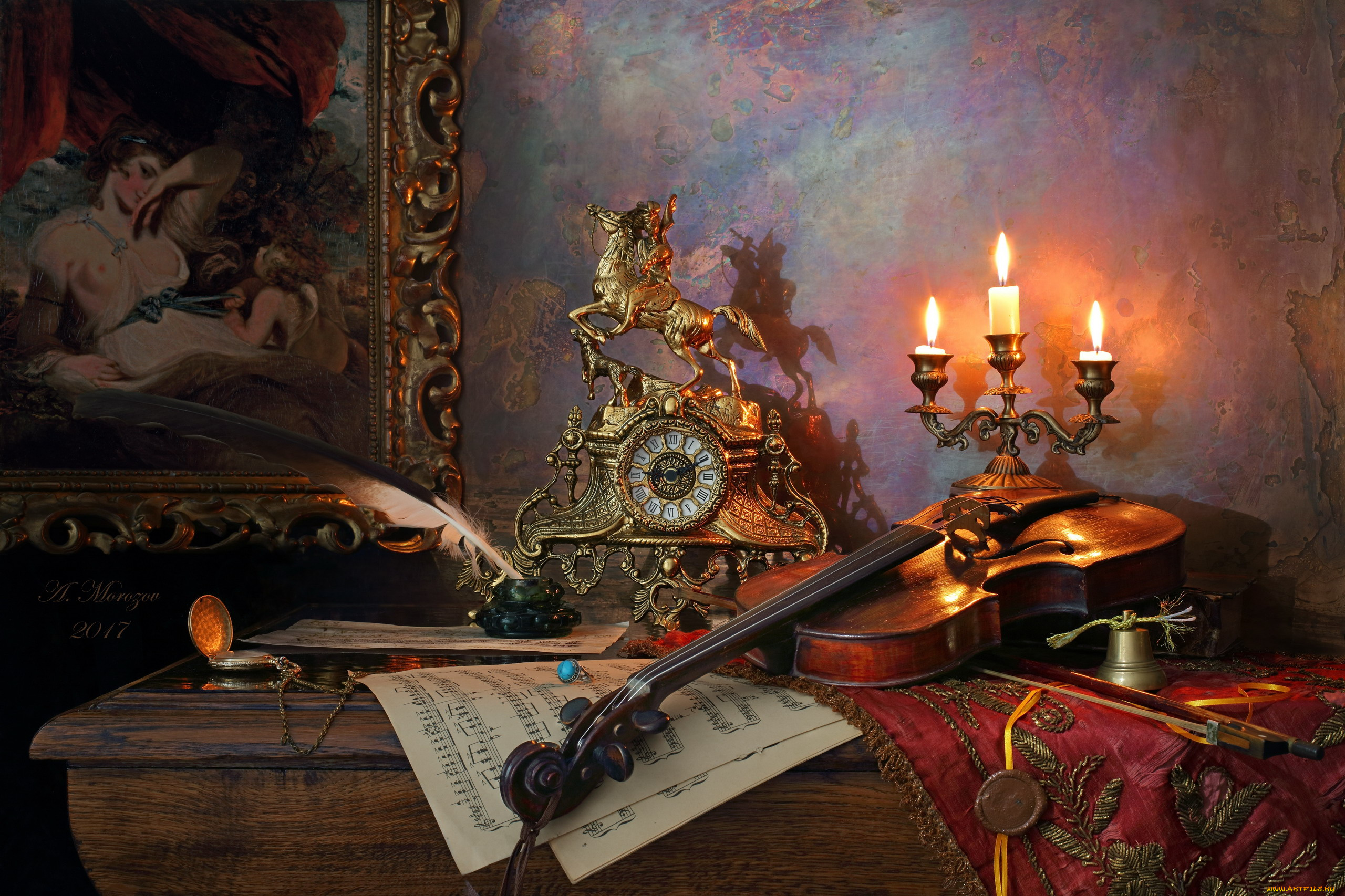 музыка, -музыкальные, инструменты, картина, свечи, часы, скрипка