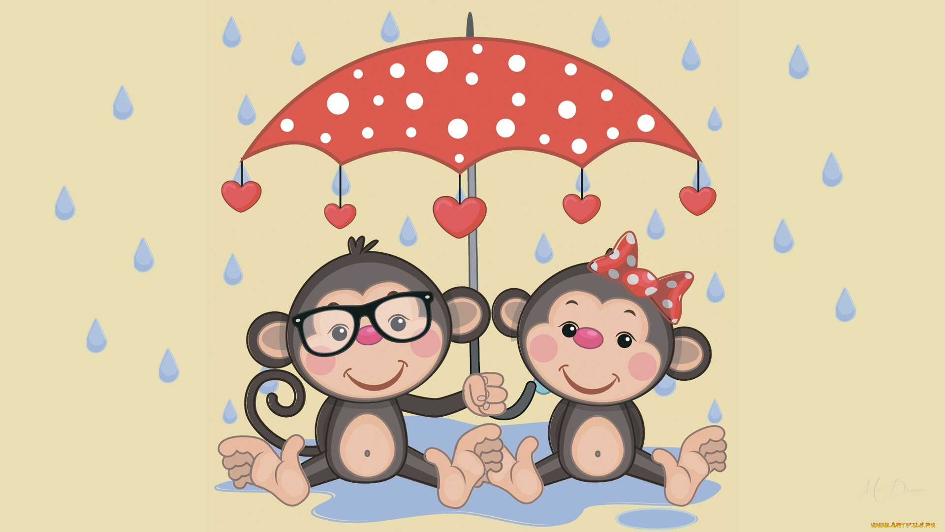 векторная, графика, животные, , animals, обезьянки, дождь, зонтик