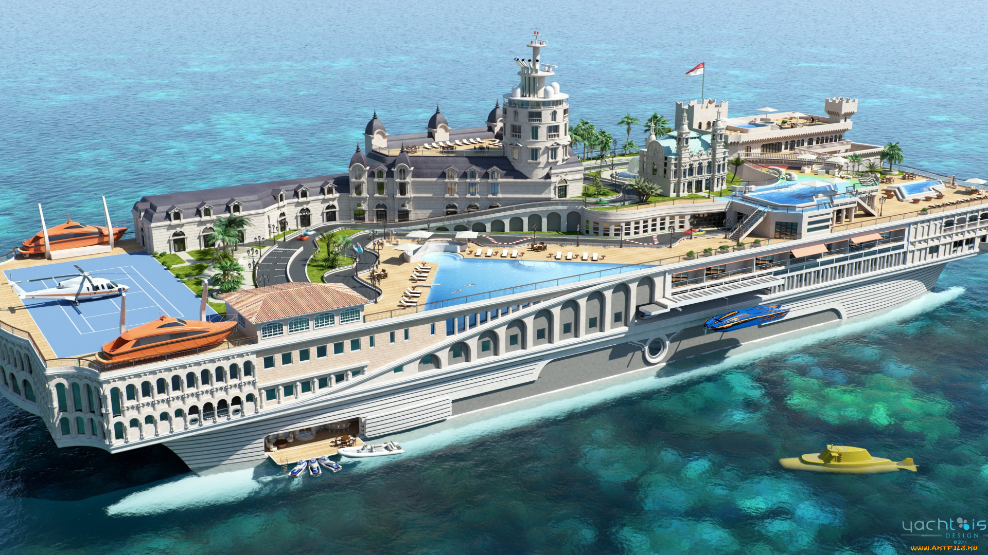 корабли, 3d, streets, of, monaco, gesign, superyacht, yacht-city, яхта-остров, futuristic, проект