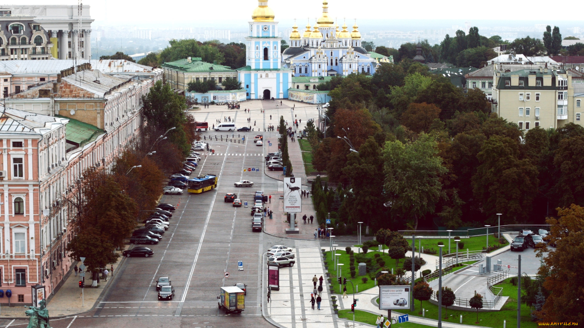 города, киев, украина, свято-михайловский, собор, дорога, панорама