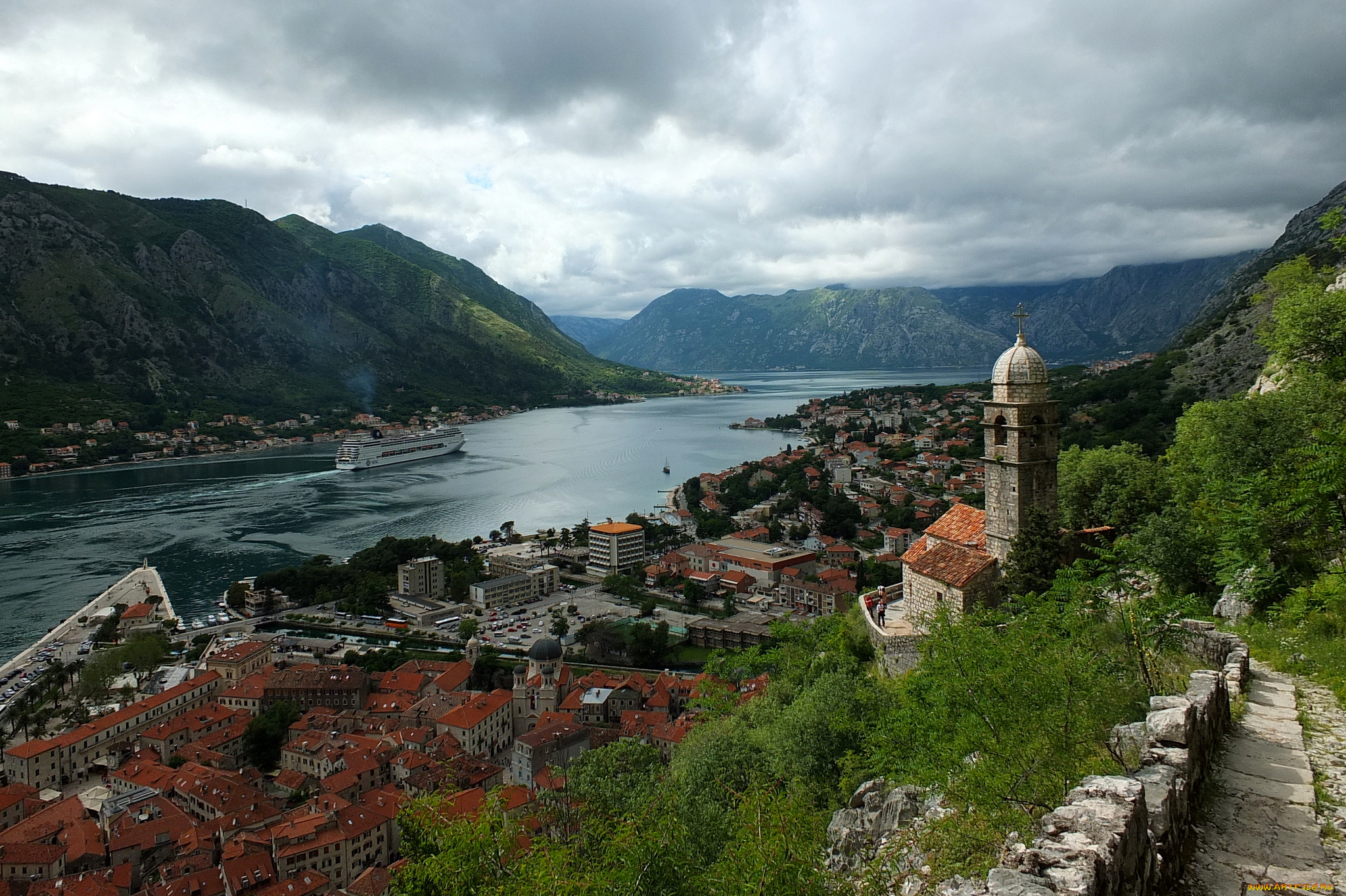 kotor, montenegro, города, панорамы, bay, котор, Черногория, которский, залив, горы, пейзаж, лайнер, церковь