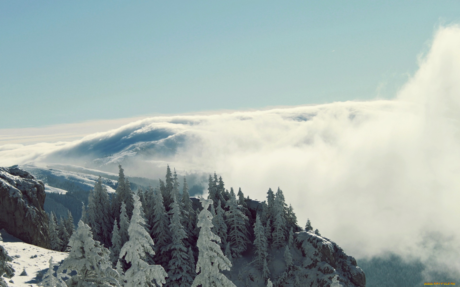 природа, зима, туман, лес, деревья, горы, снег, облако